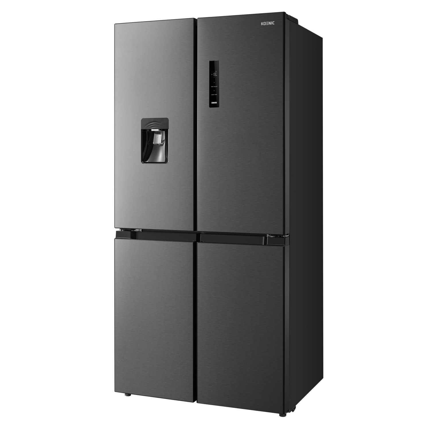 Réfrigérateur Koenic noir avec quatre portes et distributeur d'eau.