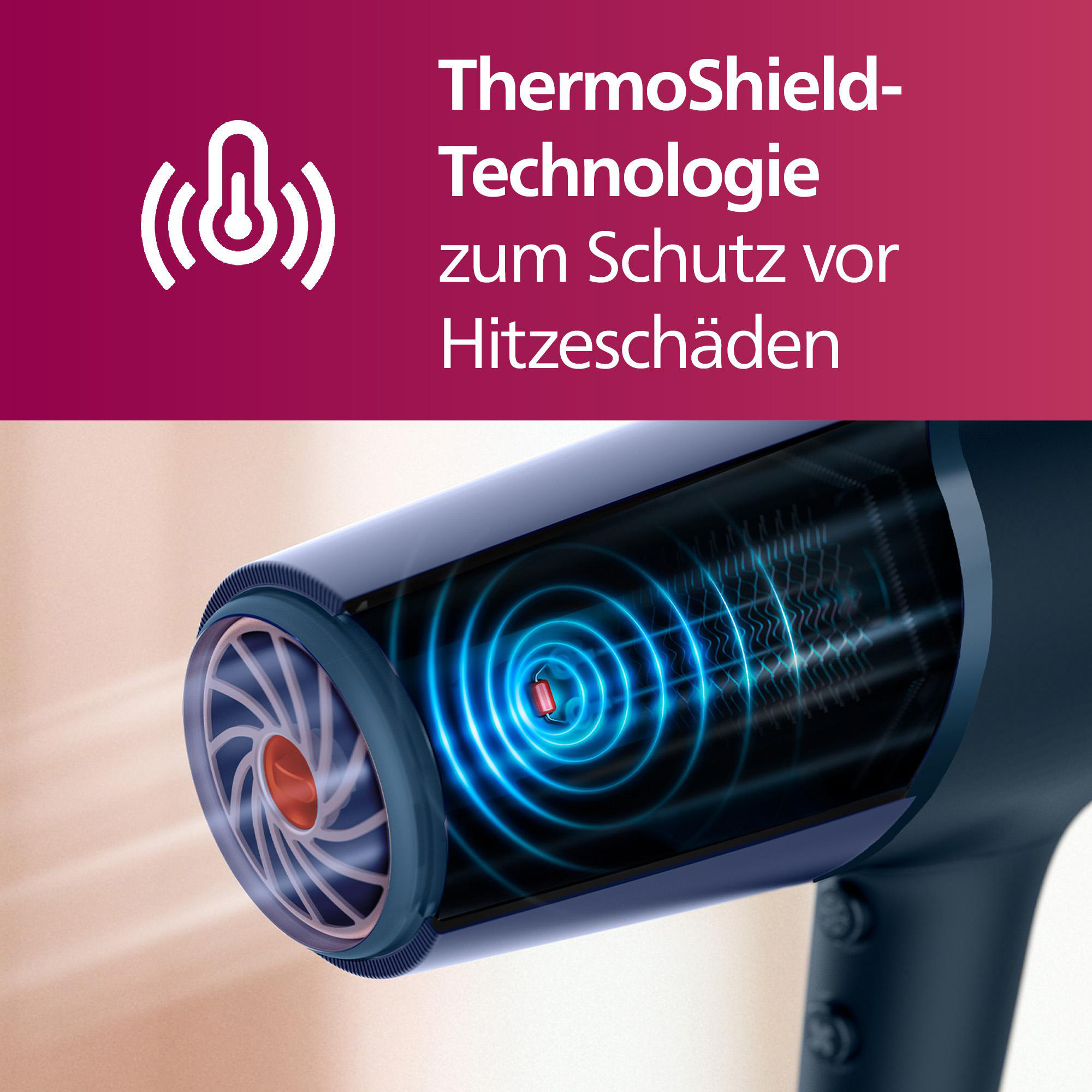 Haartrockner-Schnittmodell mit Innenteilen und Text.