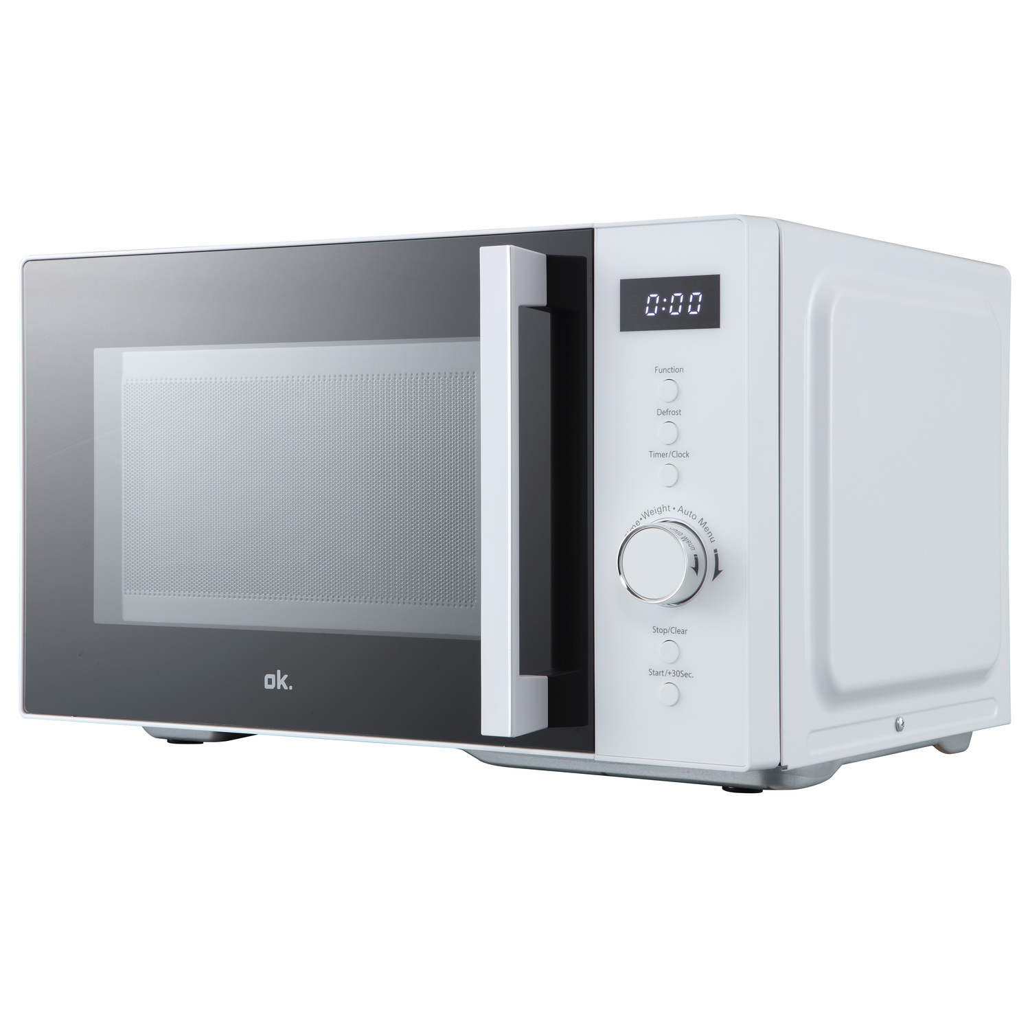 White microwave oven with control panel.