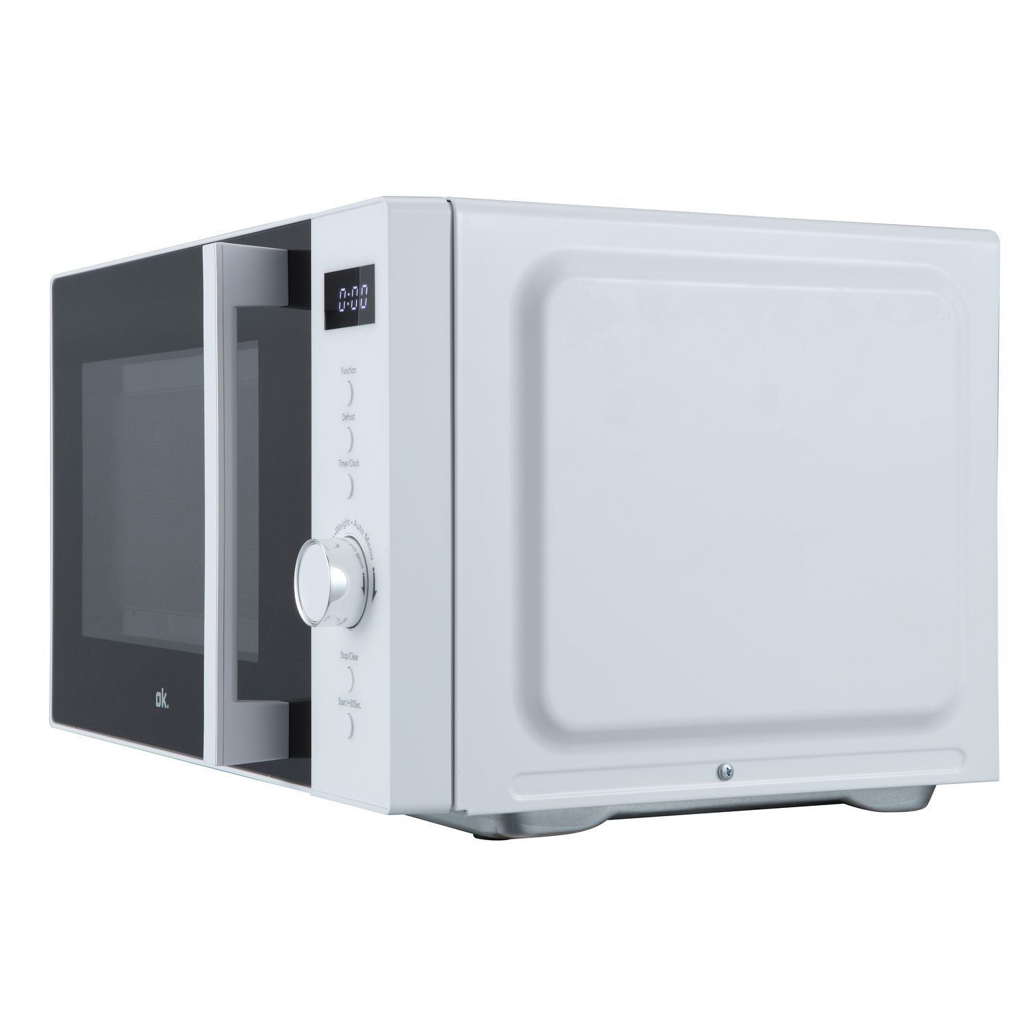 A white microwave with an open door.