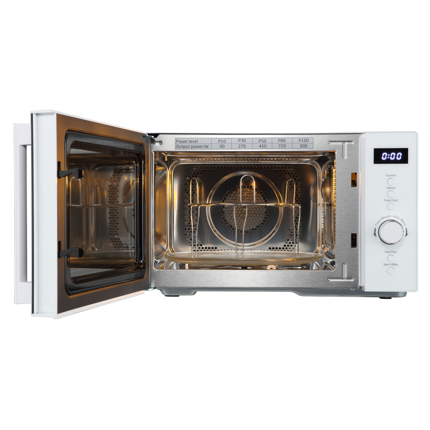 Microwave oven with the door open, interior visible.
