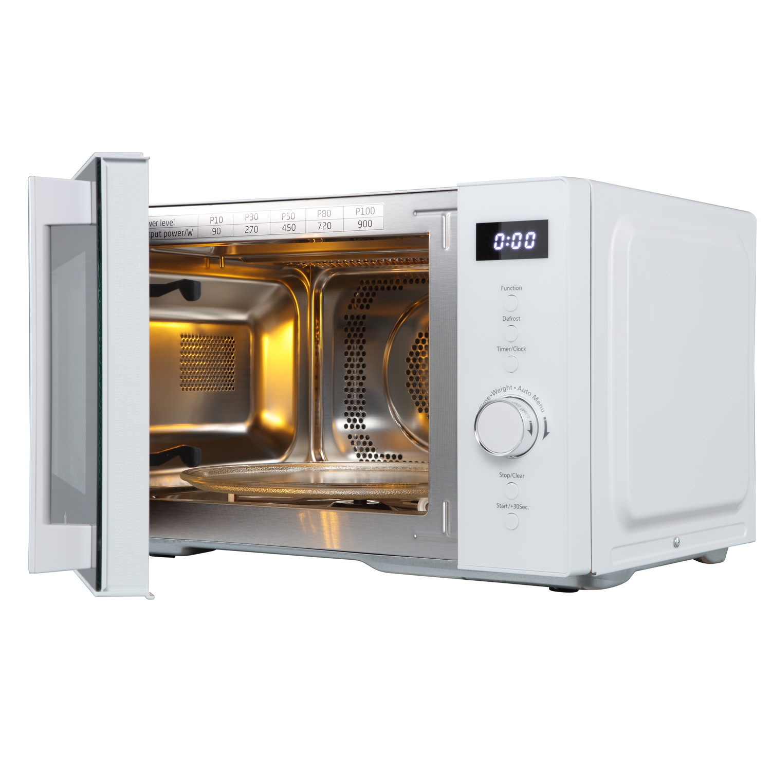 A microwave oven with its door open. The interior is lit, and the control panel is visible.