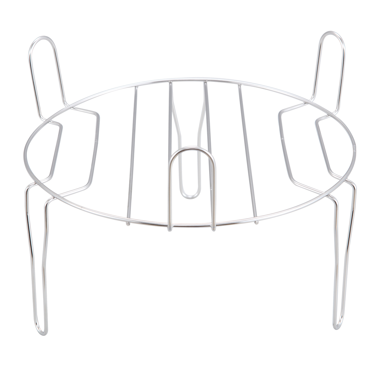 A stainless steel, chrome-like metal rack with a circular top and four legs.