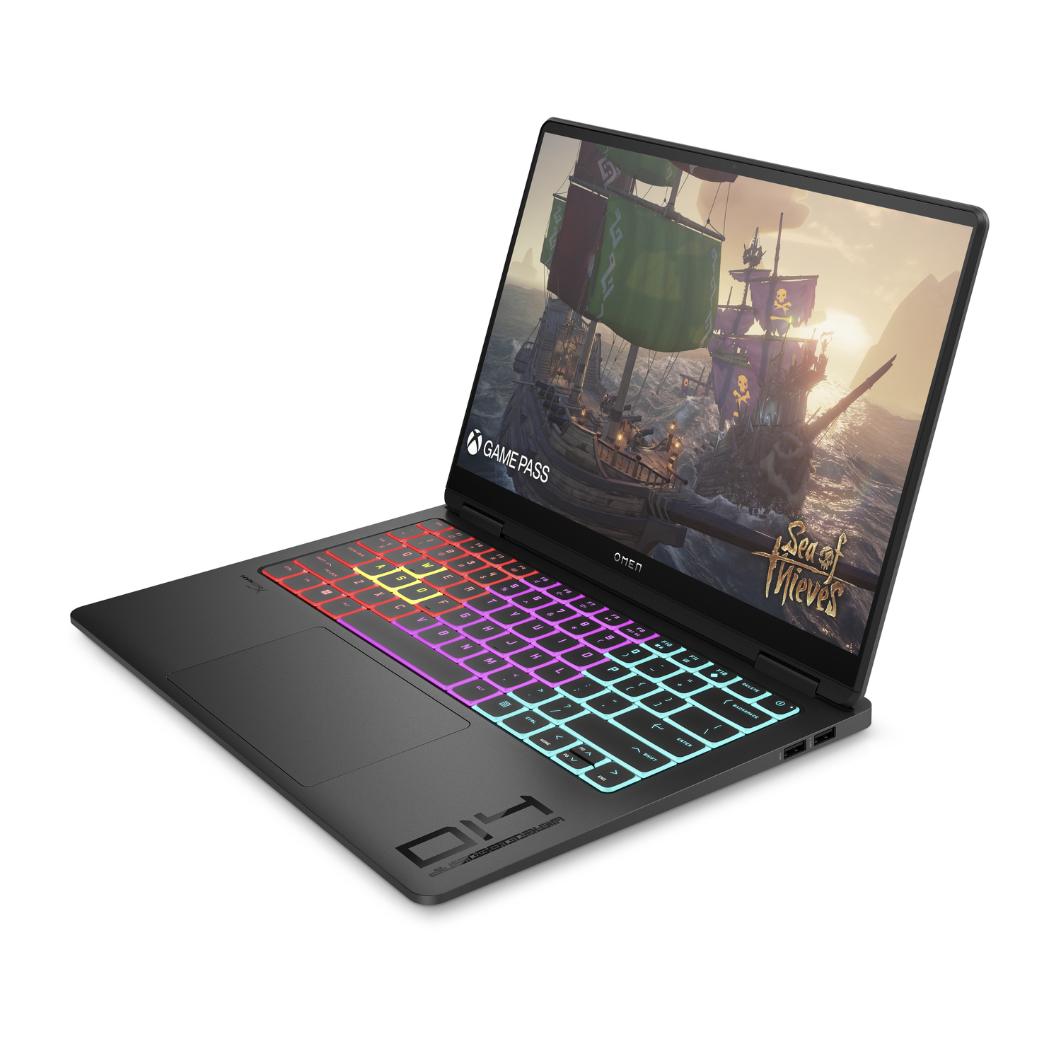 A black laptop with a colorful backlit keyboard, and a game scene displayed on the screen.
