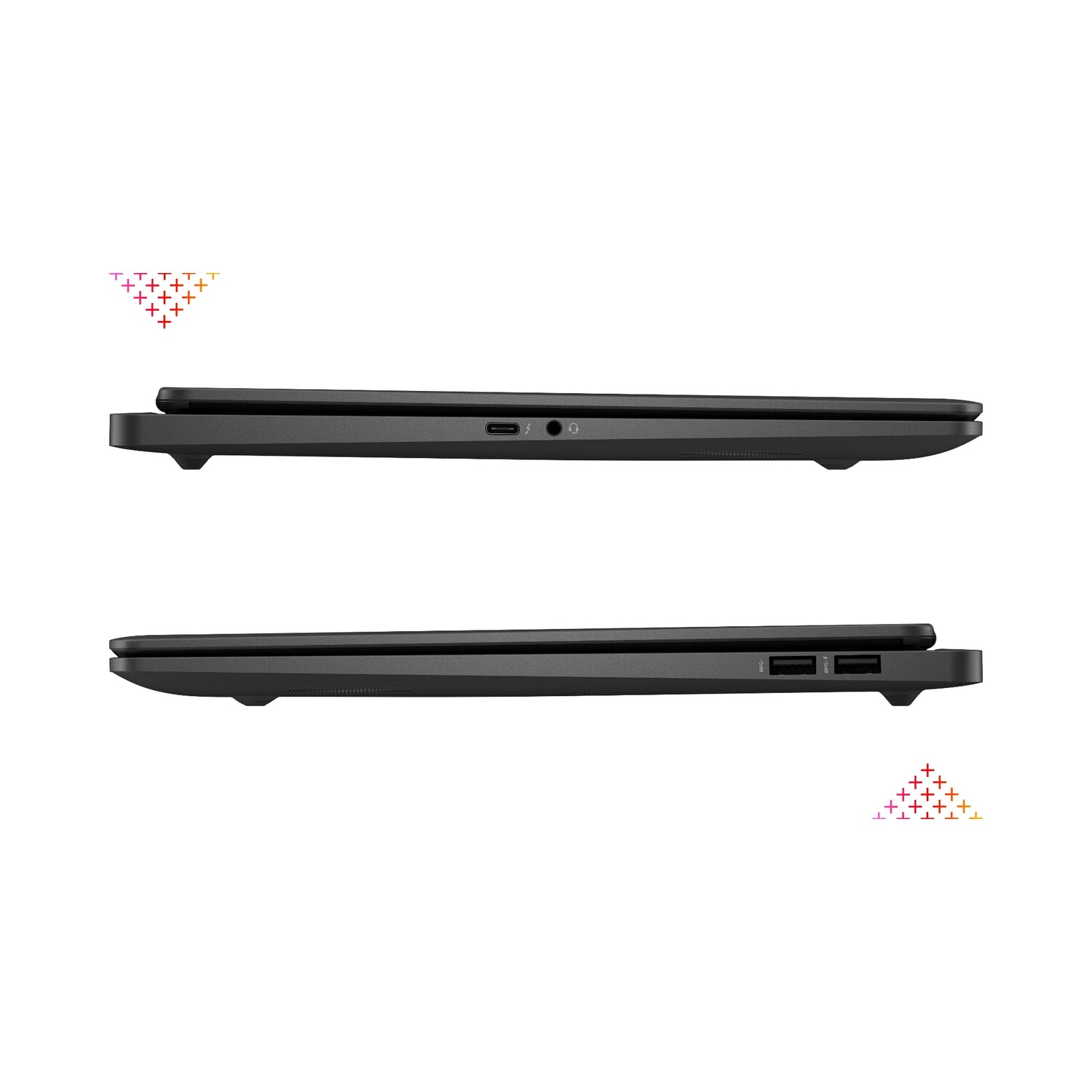 Two laptops, side view. The top laptop is open. Dark gray color. White background.