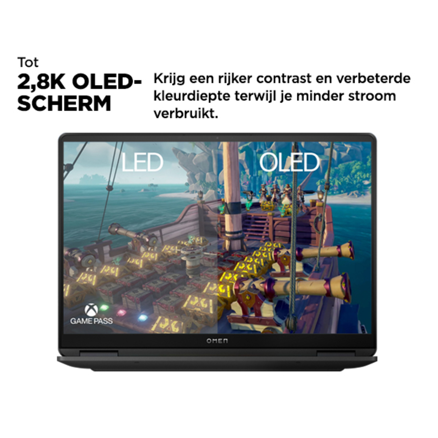 A laptop screen showing a split-screen comparison of LED and OLED.