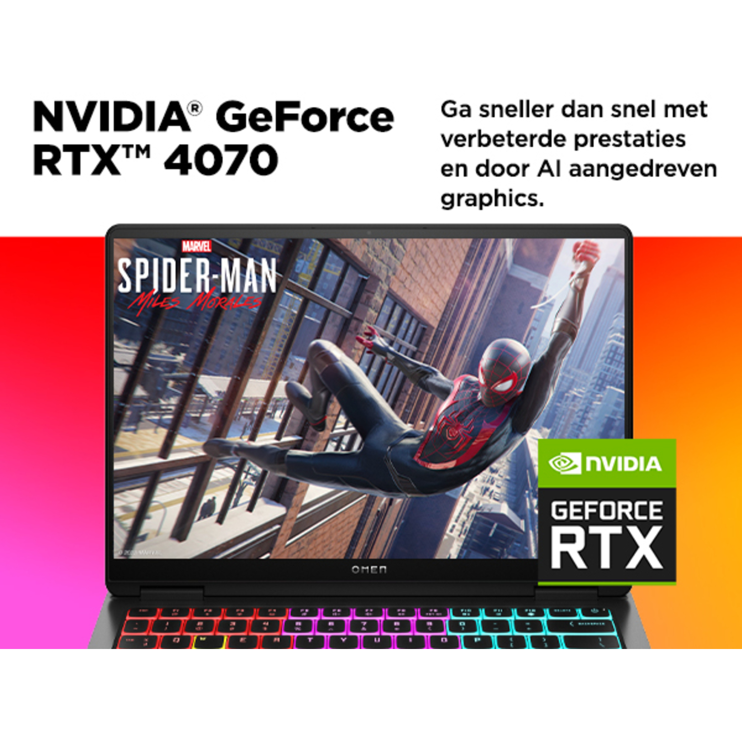 Laptop with a game screen, NVIDIA GeForce RTX 4070 logo, and text.