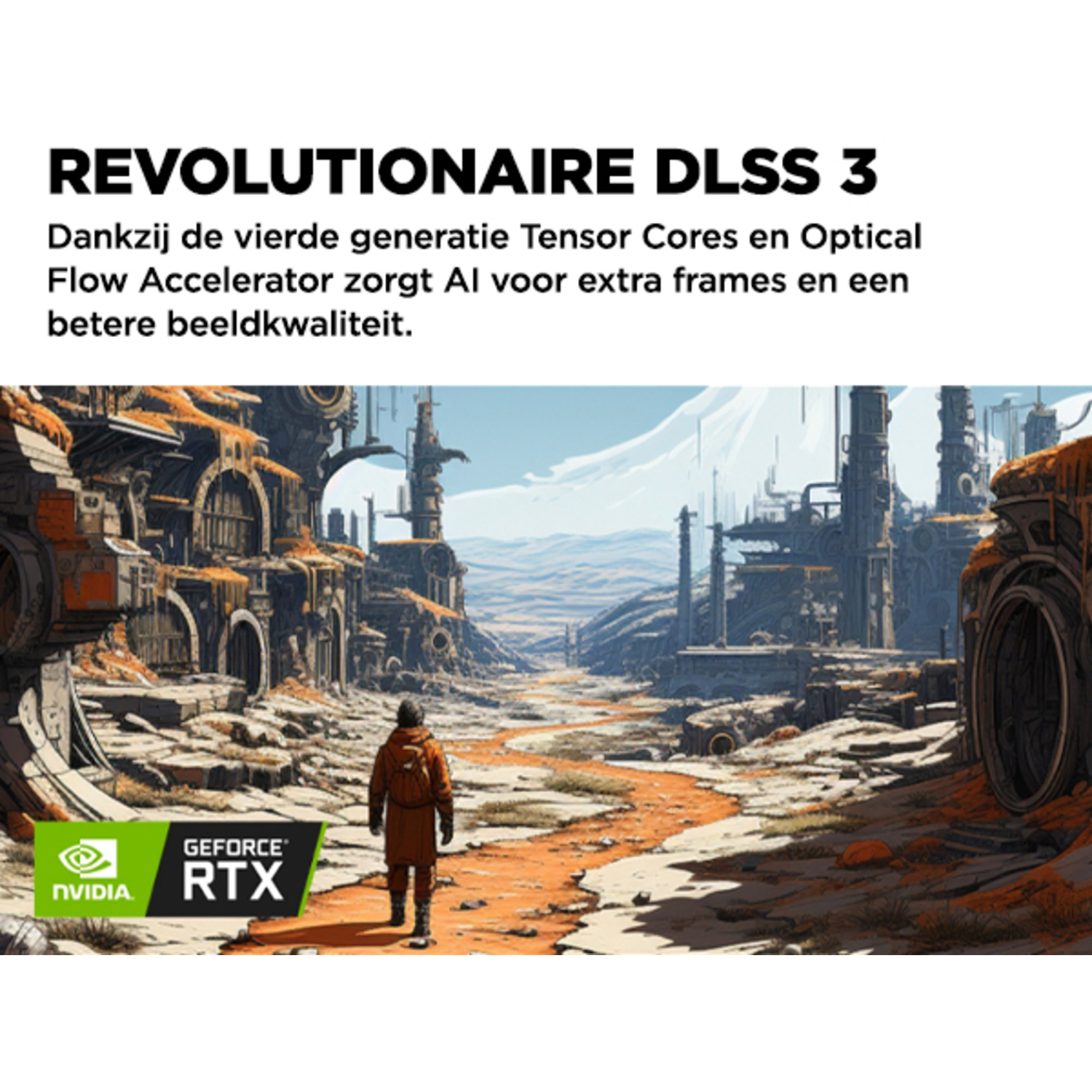 Image with text about DLSS 3 technology and a futuristic city scene with a figure in orange.