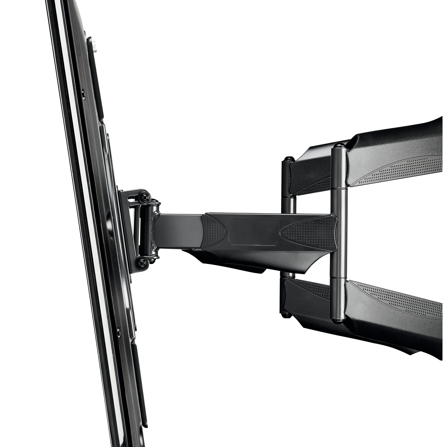 Een zwarte tv-beugel met een beweegbare arm, aan een muur bevestigd. De tv is aan de beugel bevestigd.