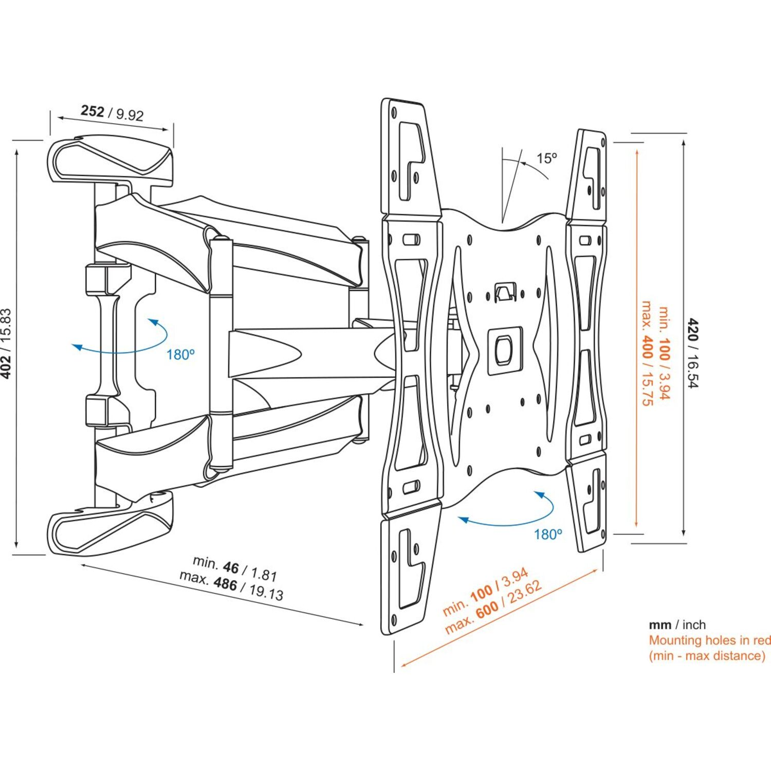 Een zwart-wit diagram van een tv-beugel met afmetingen en hoeken. Witte achtergrond.