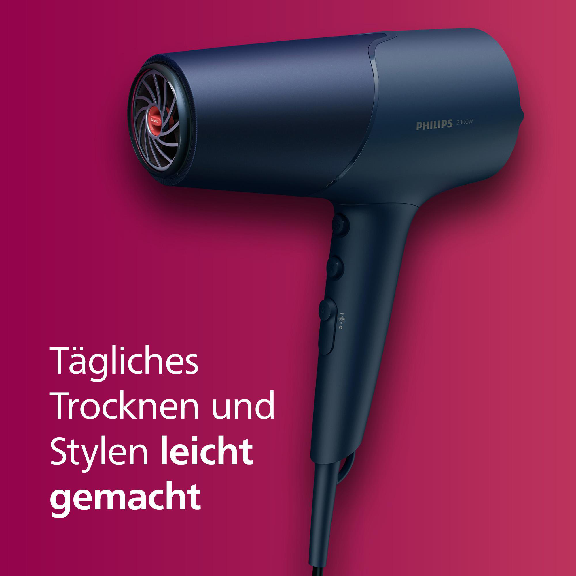 Blauer Haartrockner mit Text auf rotem-pinkem Hintergrund.