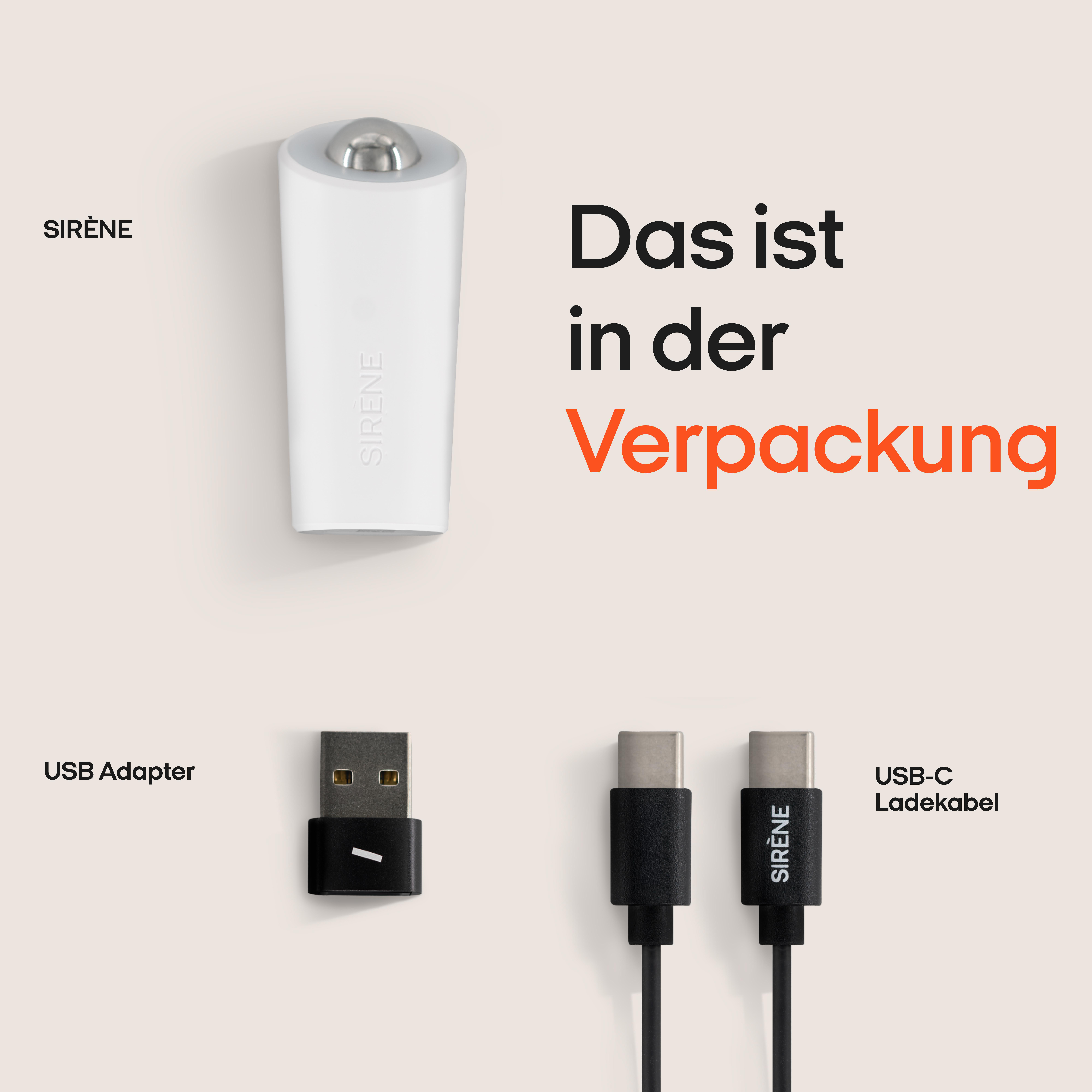 Artikel in einer Verpackung: Weißes Gerät, USB-Adapter und zwei schwarze USB-C-Kabel.