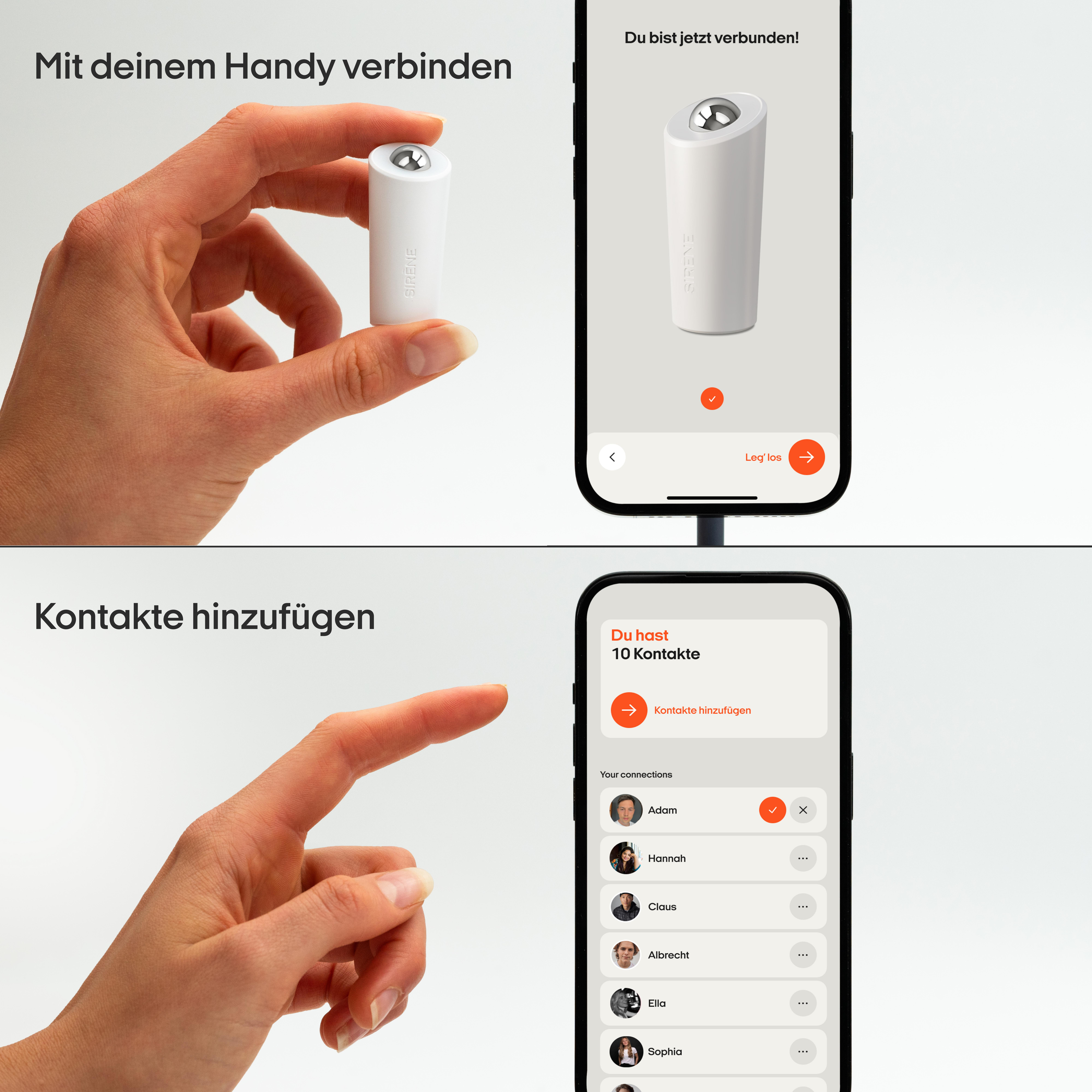 Hände, die ein weißes Gerät halten, neben einem Smartphone-Bildschirm.