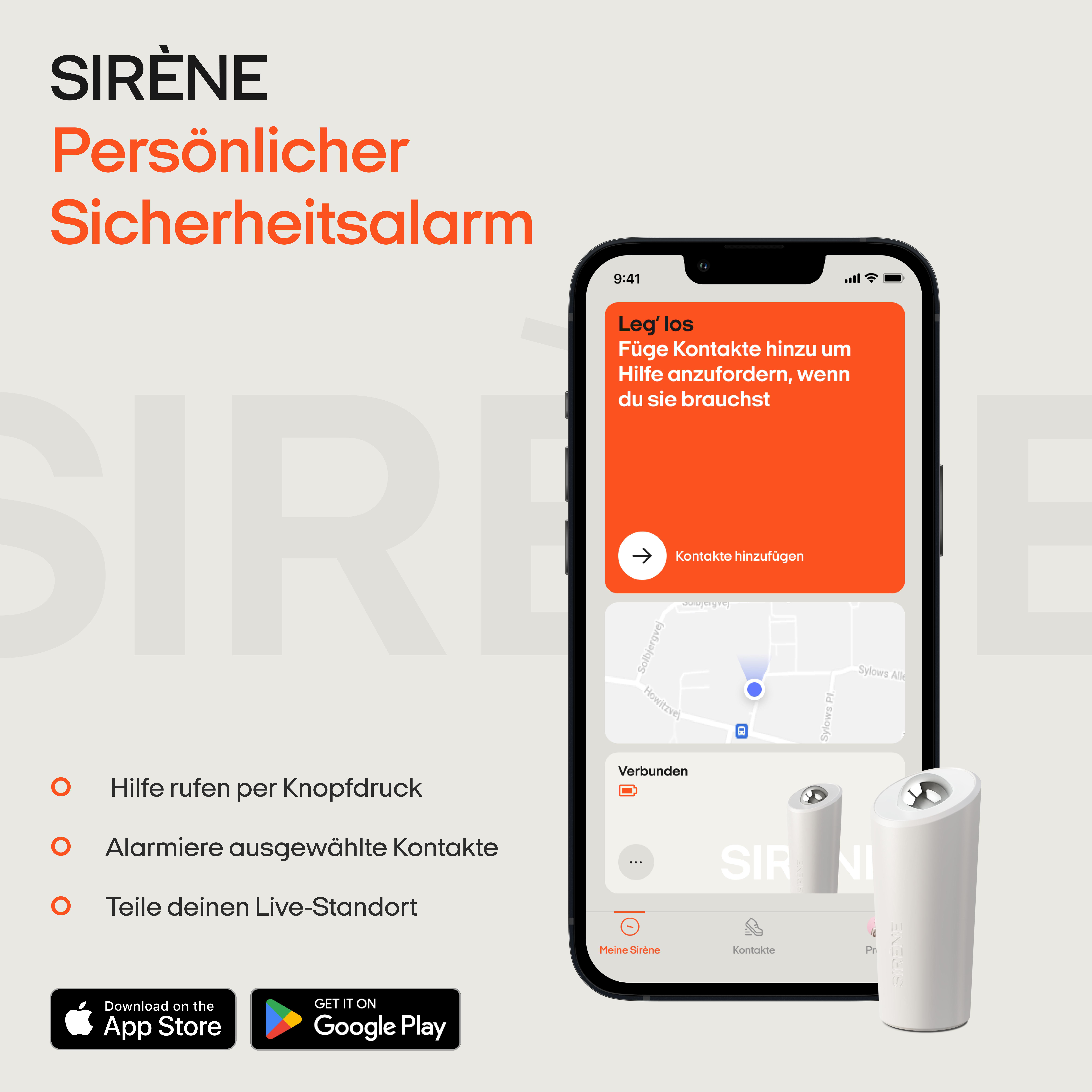 Smartphone zeigt App, zwei weiße Geräte, und Text.