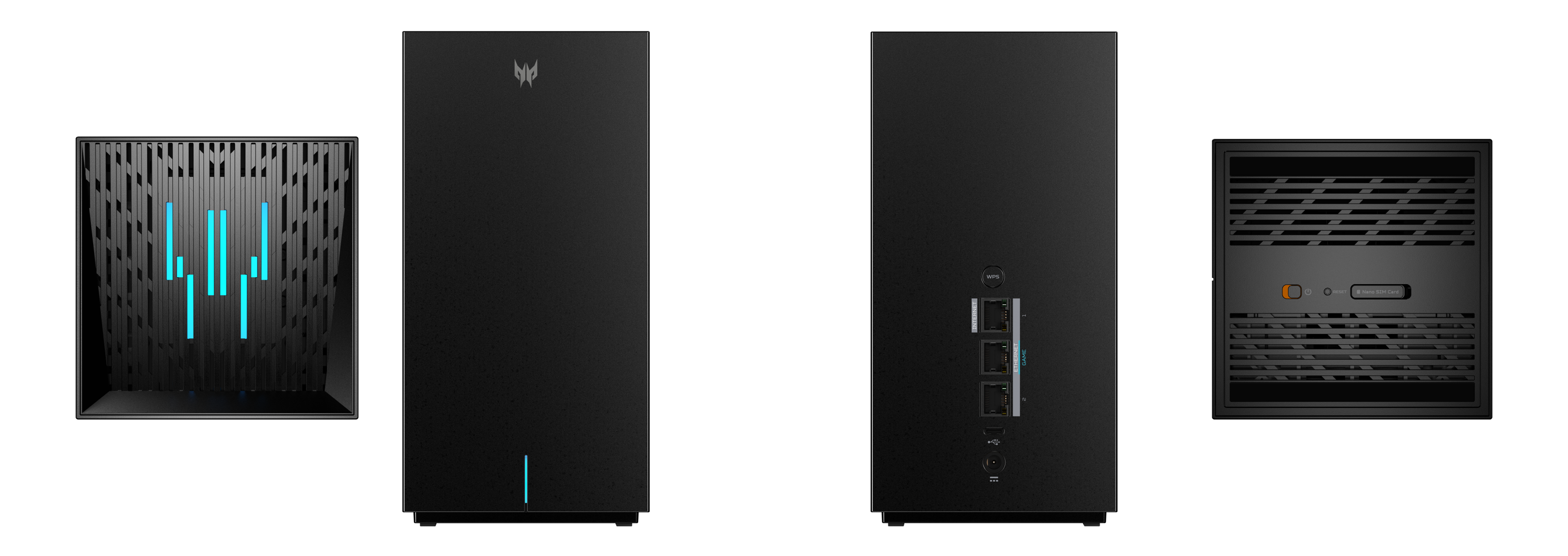 Black desktop computer with multiple views against black background.