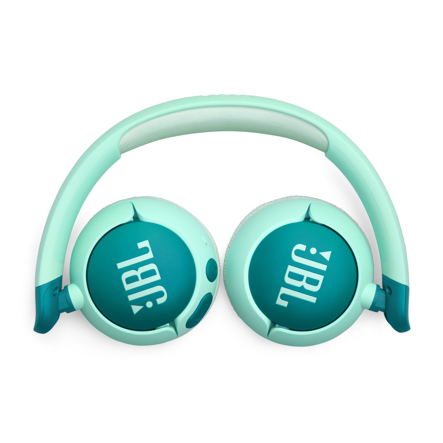Auriculares JBL turquesa sobre fondo blanco, plegados, con el logotipo JBL visible.