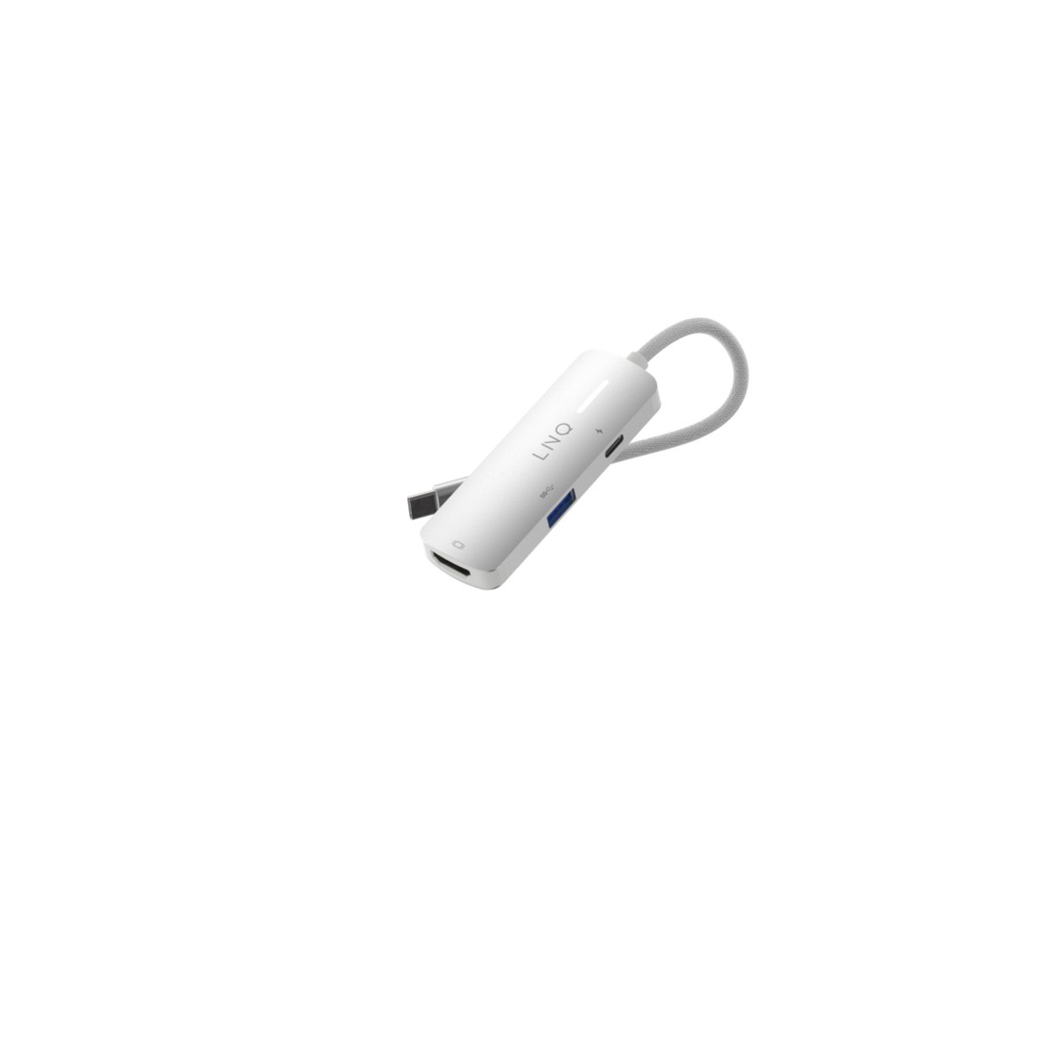A white USB-C hub with a grey cable and ports.
