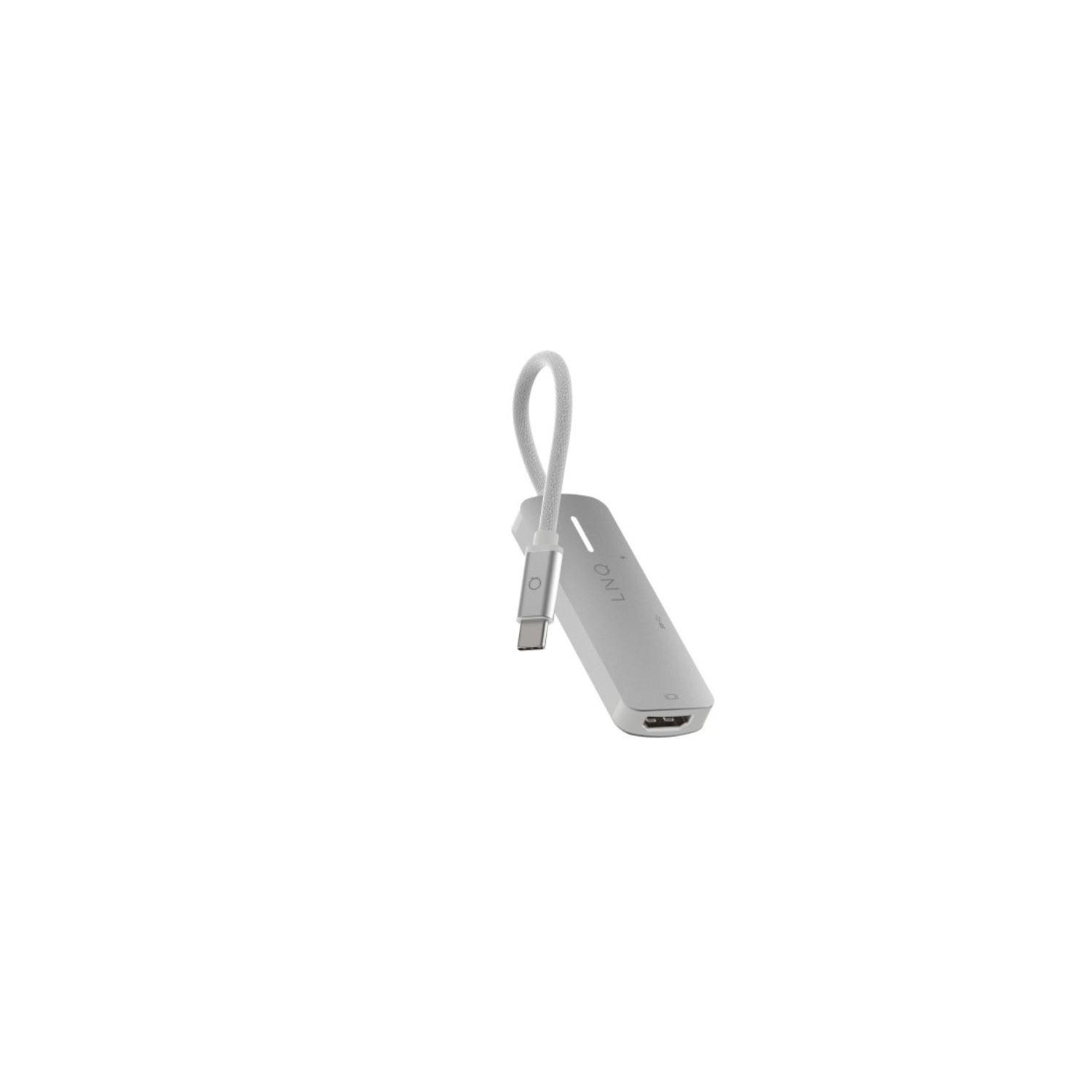 A silver USB-C hub with a connected cable, lying on a white surface.