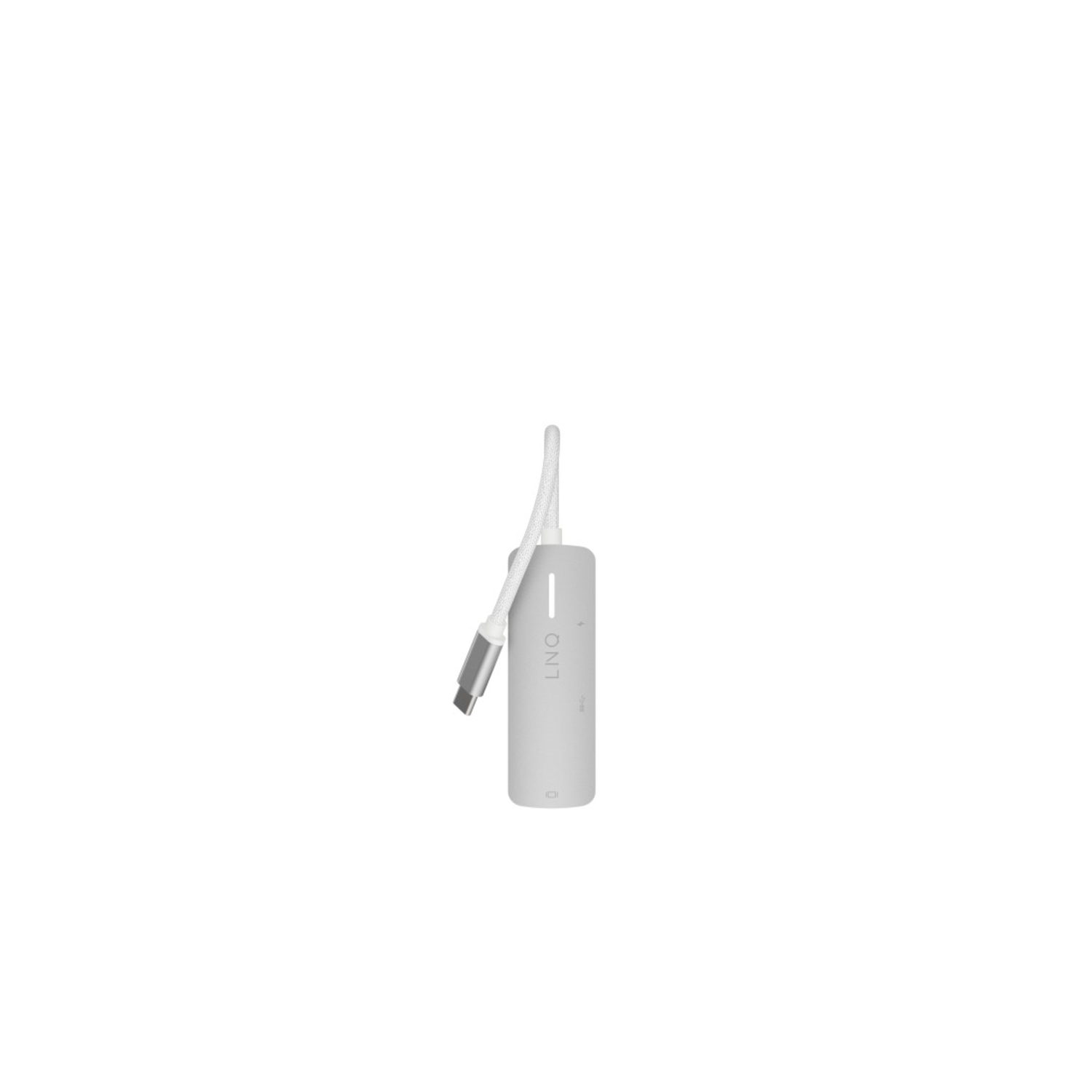 A white Lino adapter with a silver USB-C cable attached.