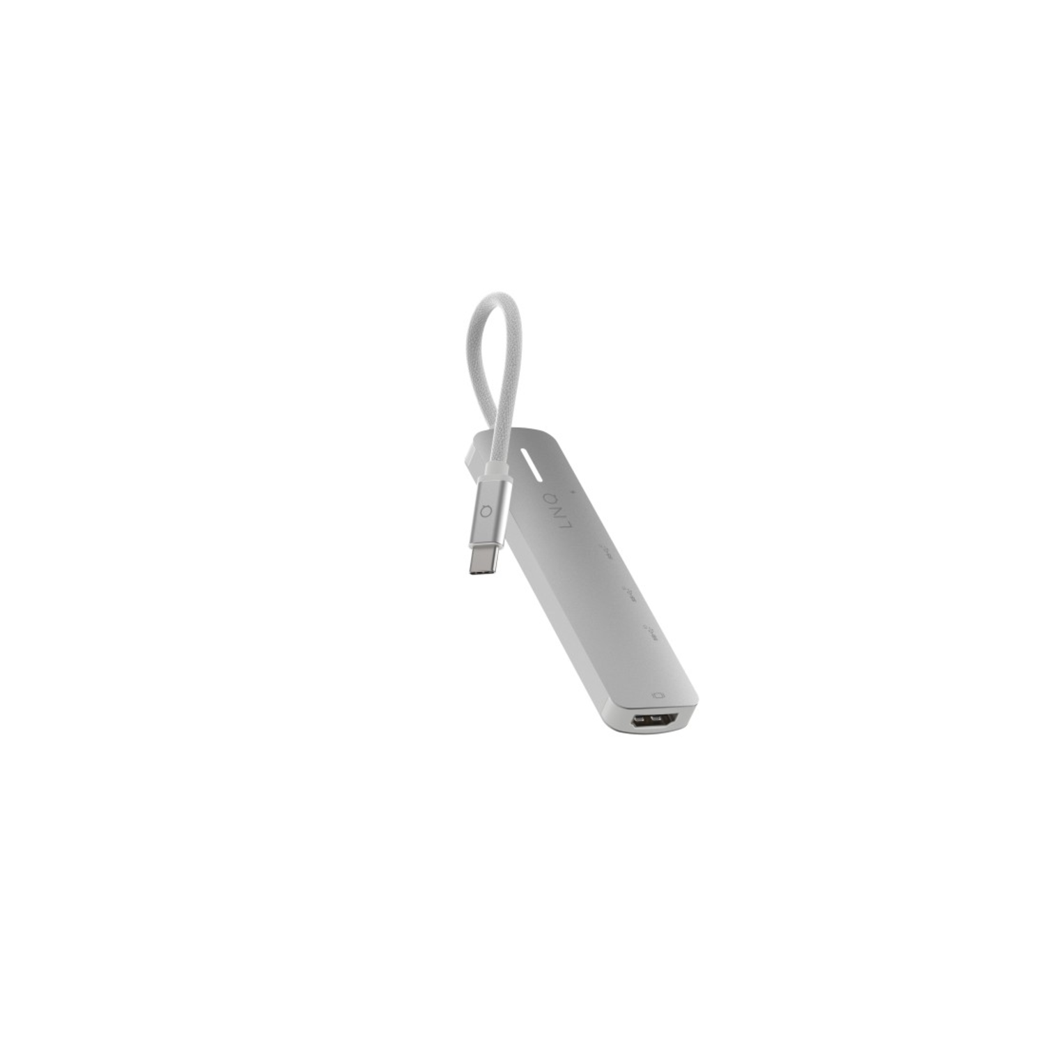 A silver LINO USB-C hub with a white cable loop, angled against a white background.