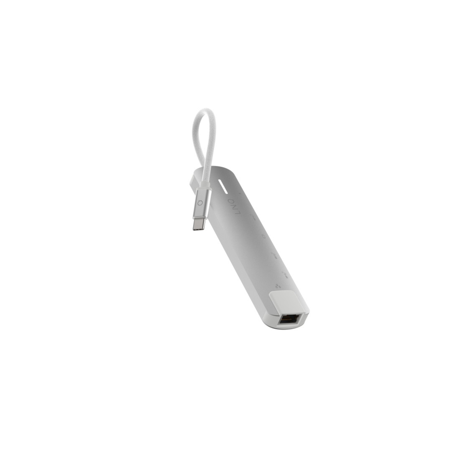 A silver, Linc USB-C hub with a white cable. It has various ports.