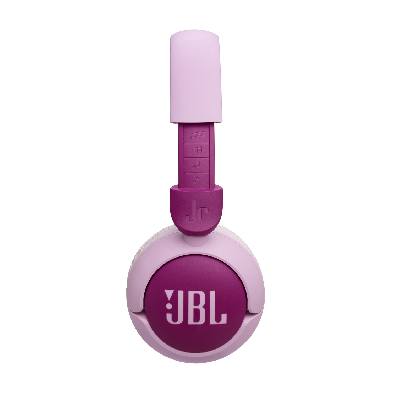 Auriculares JBL rosas y morados. El logo JBL centrado en el auricular.