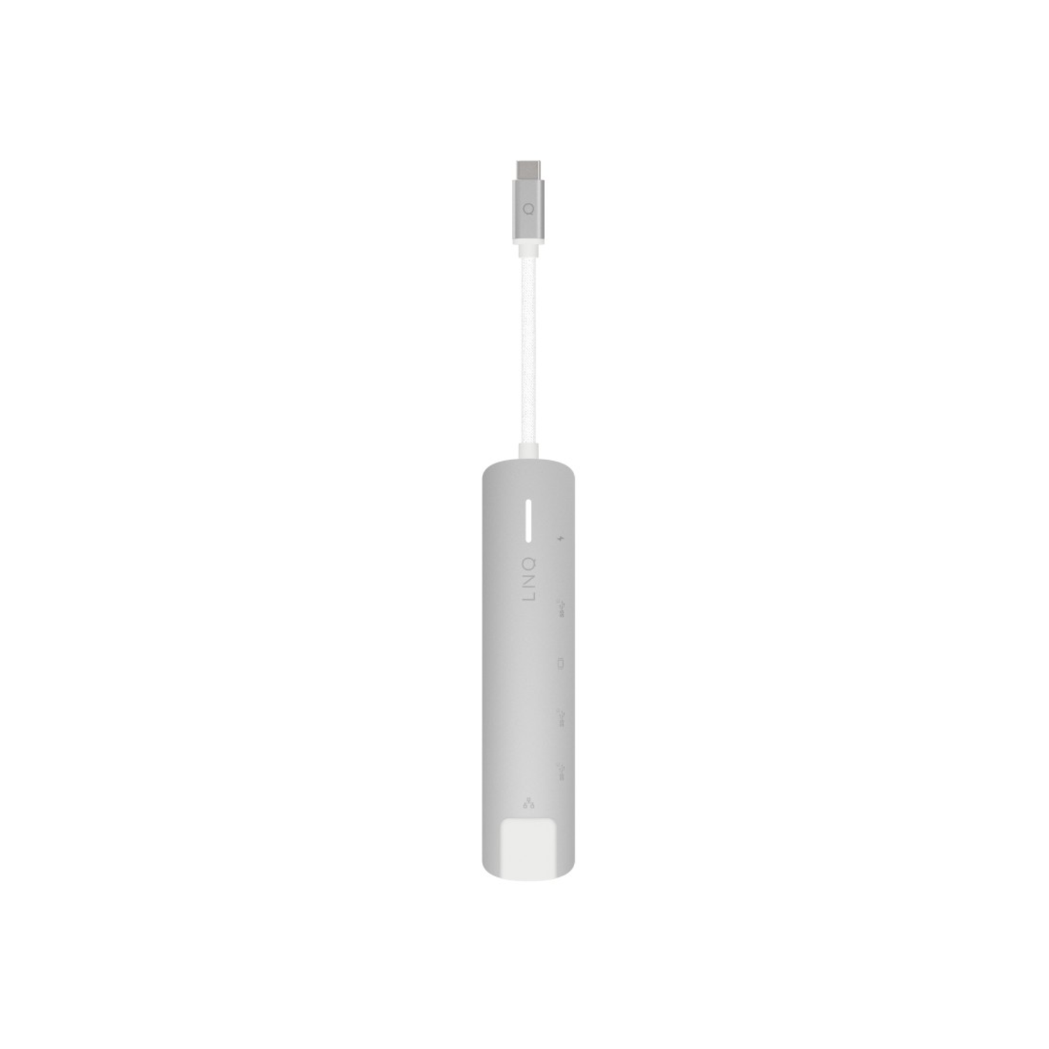 Silver USB-C adapter with a white cable and a single port.