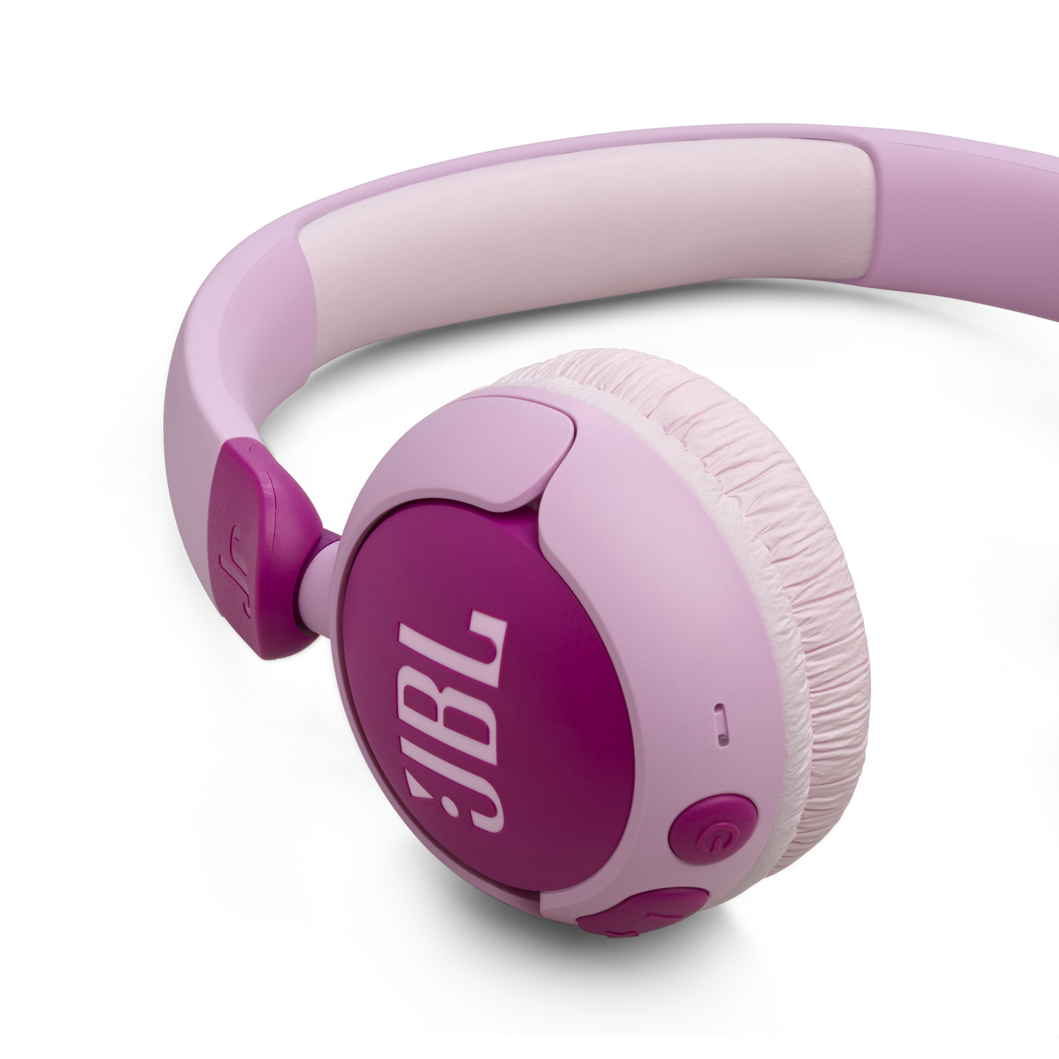 Auriculares JBL rosas sobre fondo blanco. Detalles y logo morados visibles.
