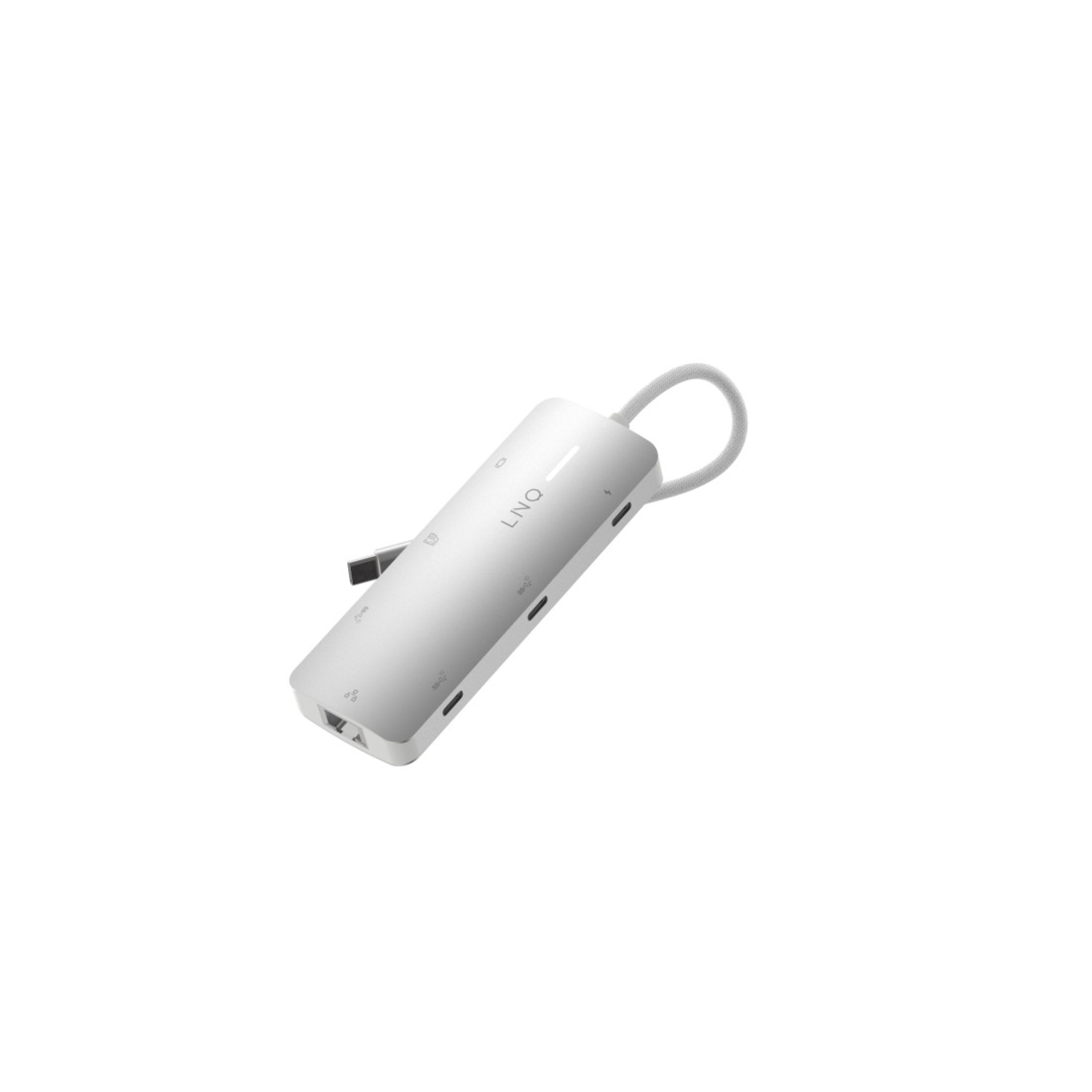 Silver device with multiple ports and a white cable.