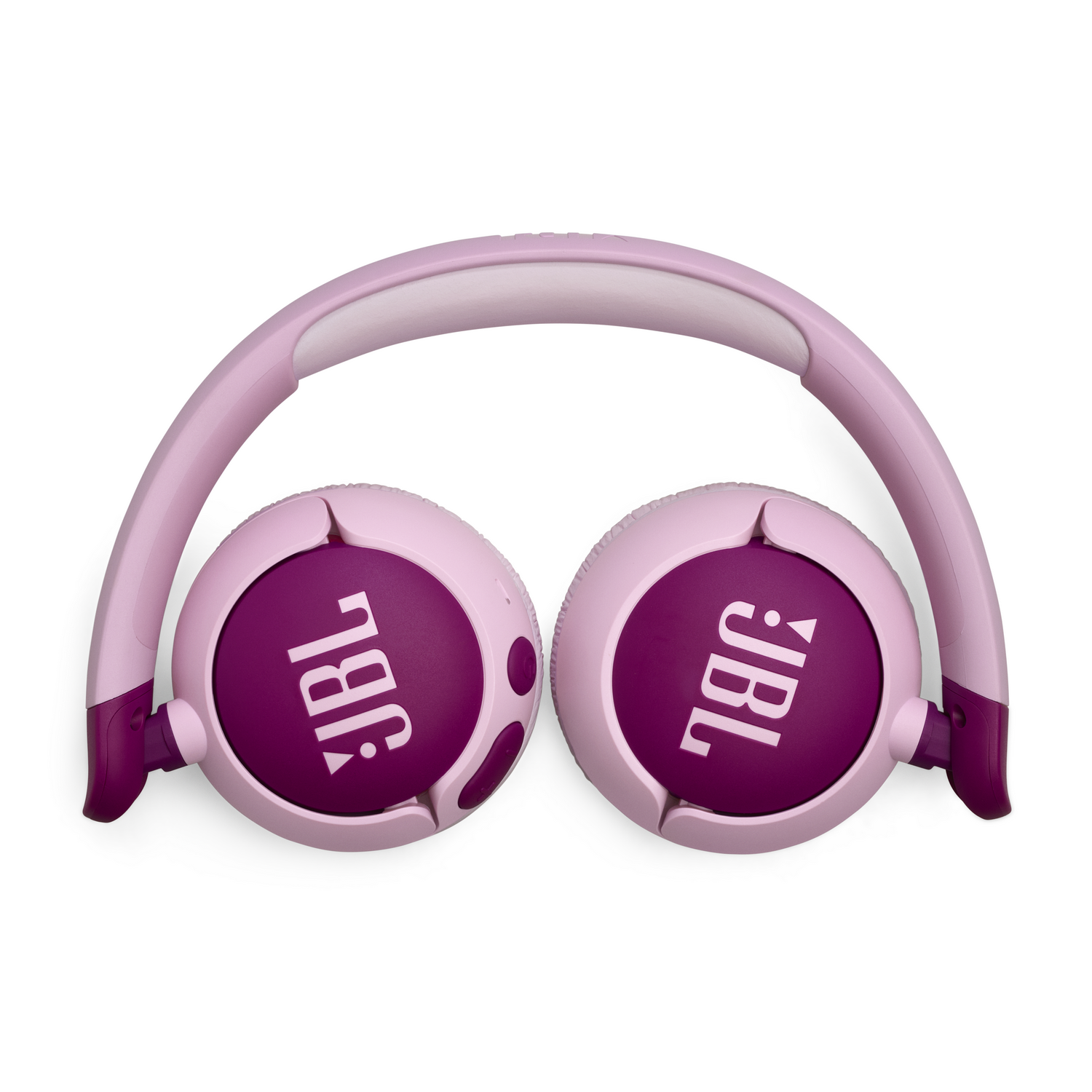 Auriculares JBL rosas y morados, plegados sobre una superficie blanca.