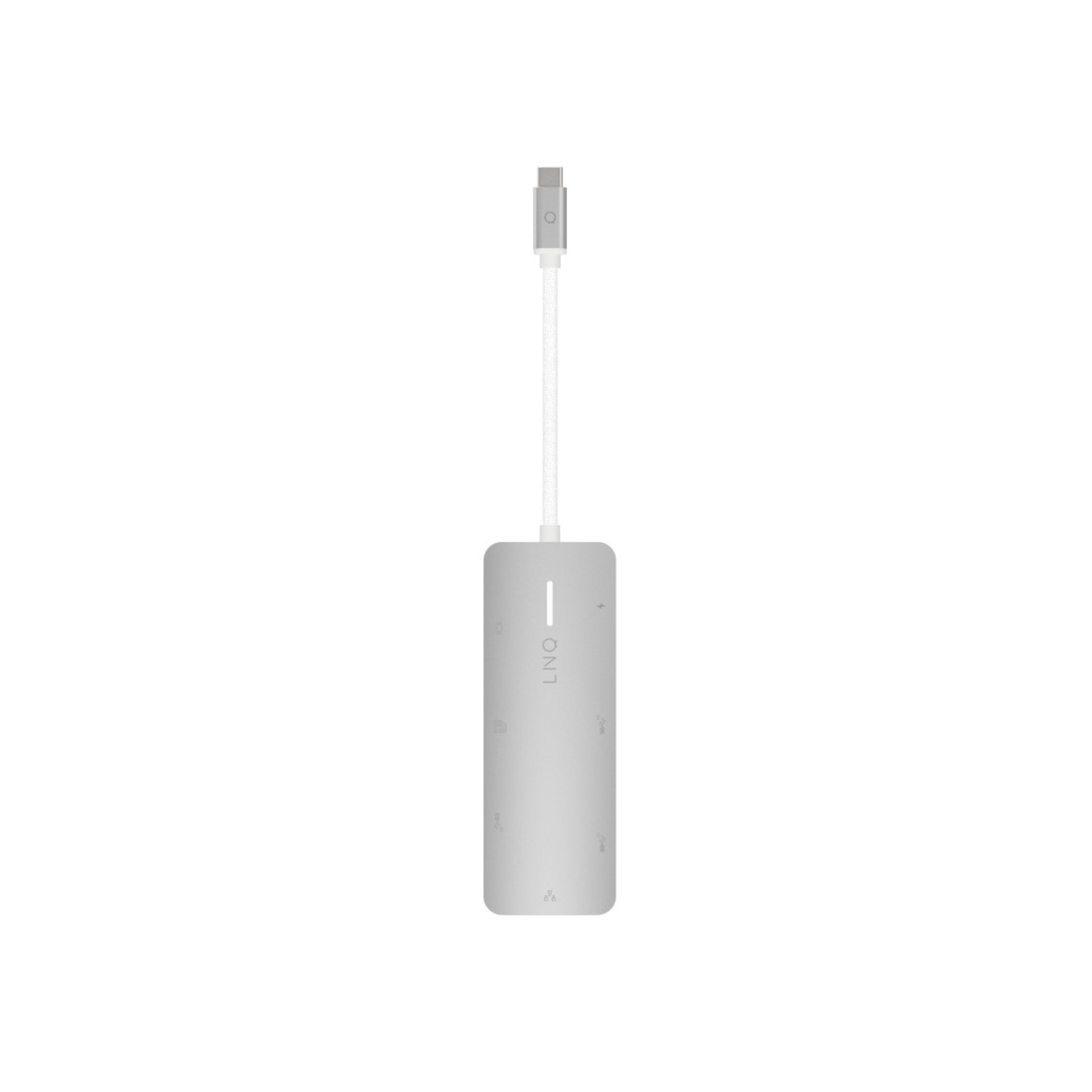 Silver LNO adapter with a white cable and multiple ports.
