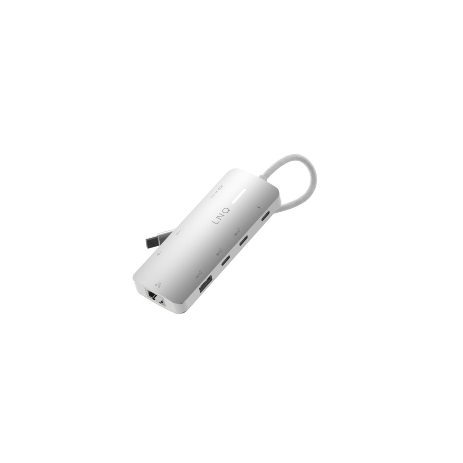 White multi-port adapter with a loop. Various ports are visible on the side.