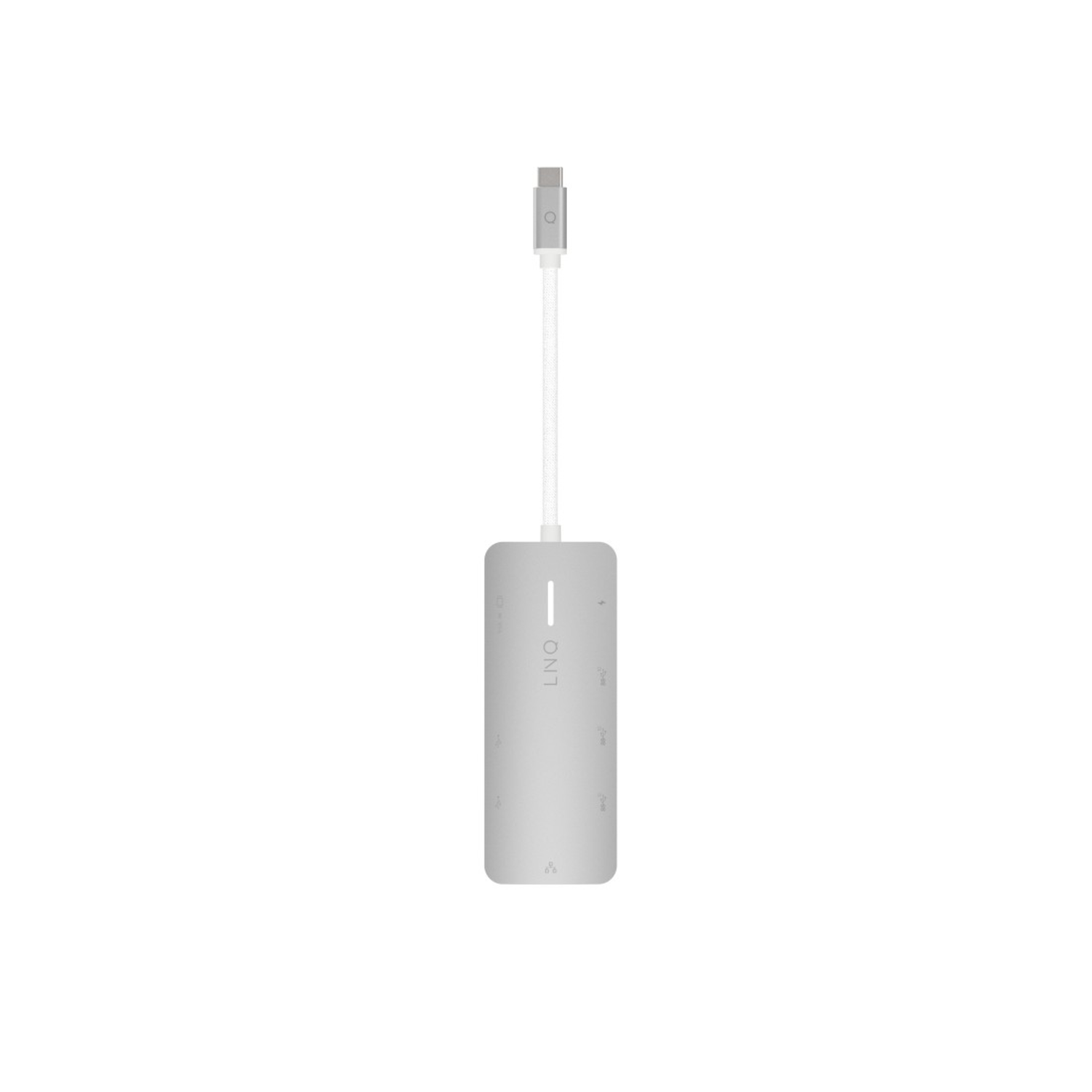 Silver adapter with multiple ports and a white cable.  The adapter is on a white background.