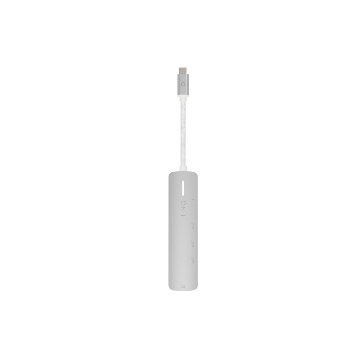 A silver adapter with a USB-C connector and a white cord. Isolated on a white background.