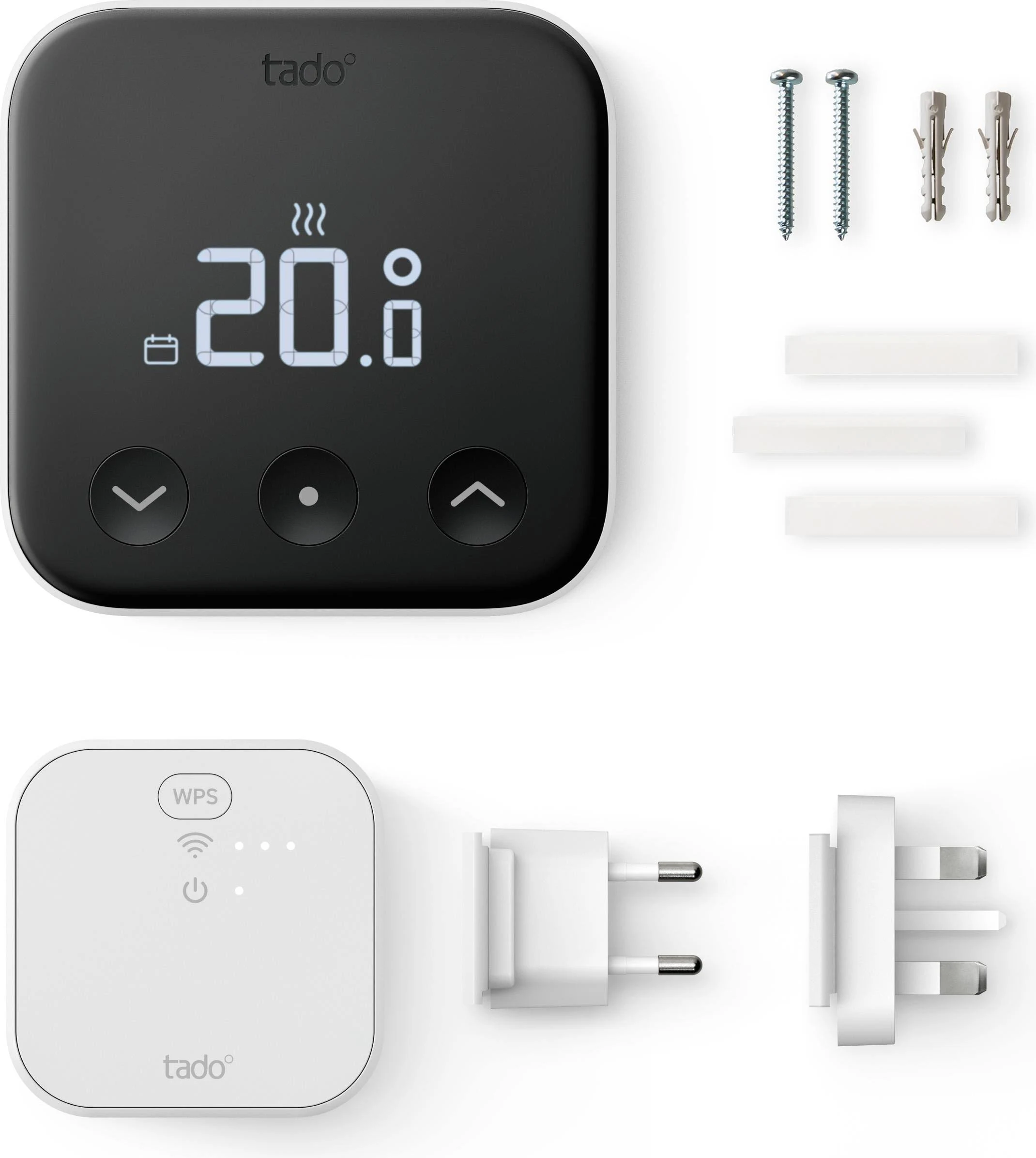 Termostato inteligente Tado con accesorios. El termostato muestra 20,0 grados. Los accesorios incluyen tornillos y enchufes.