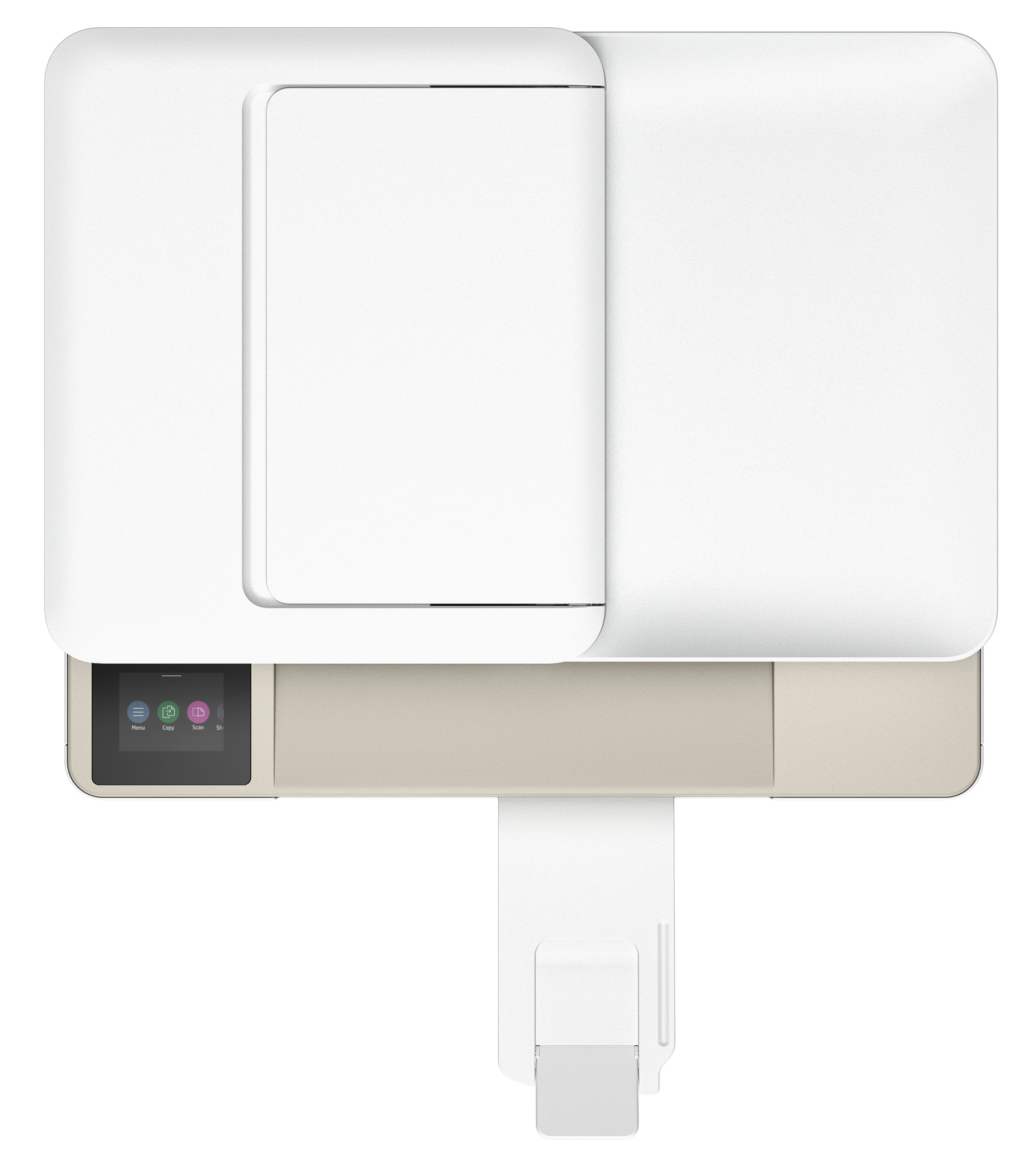 Widok z góry na białą drukarkę z małym ekranem i wyjściem papieru.