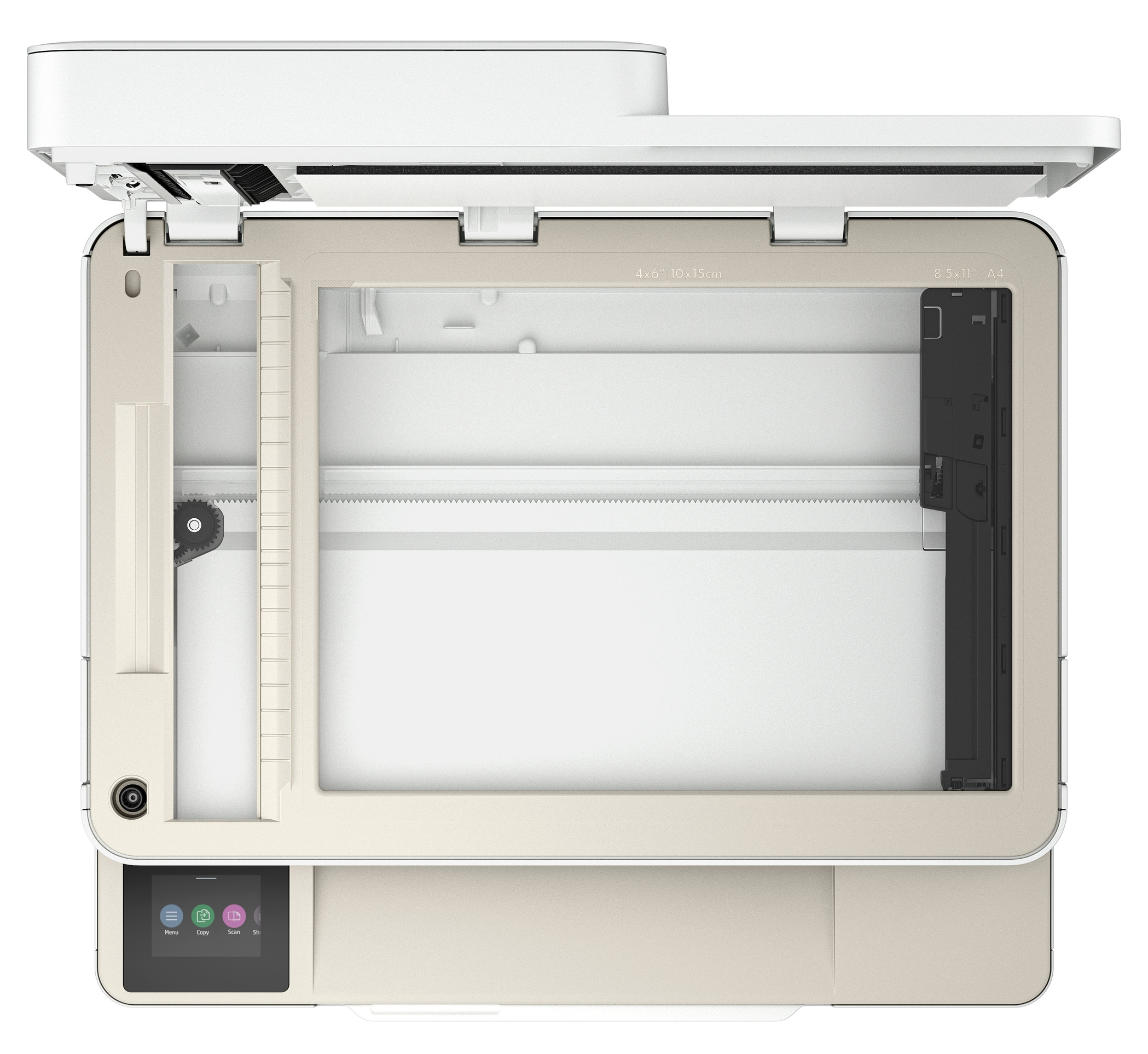 Drukarka z otwartym skanerem, pokazująca wnętrze. Drukarka jest beżowa i biała.