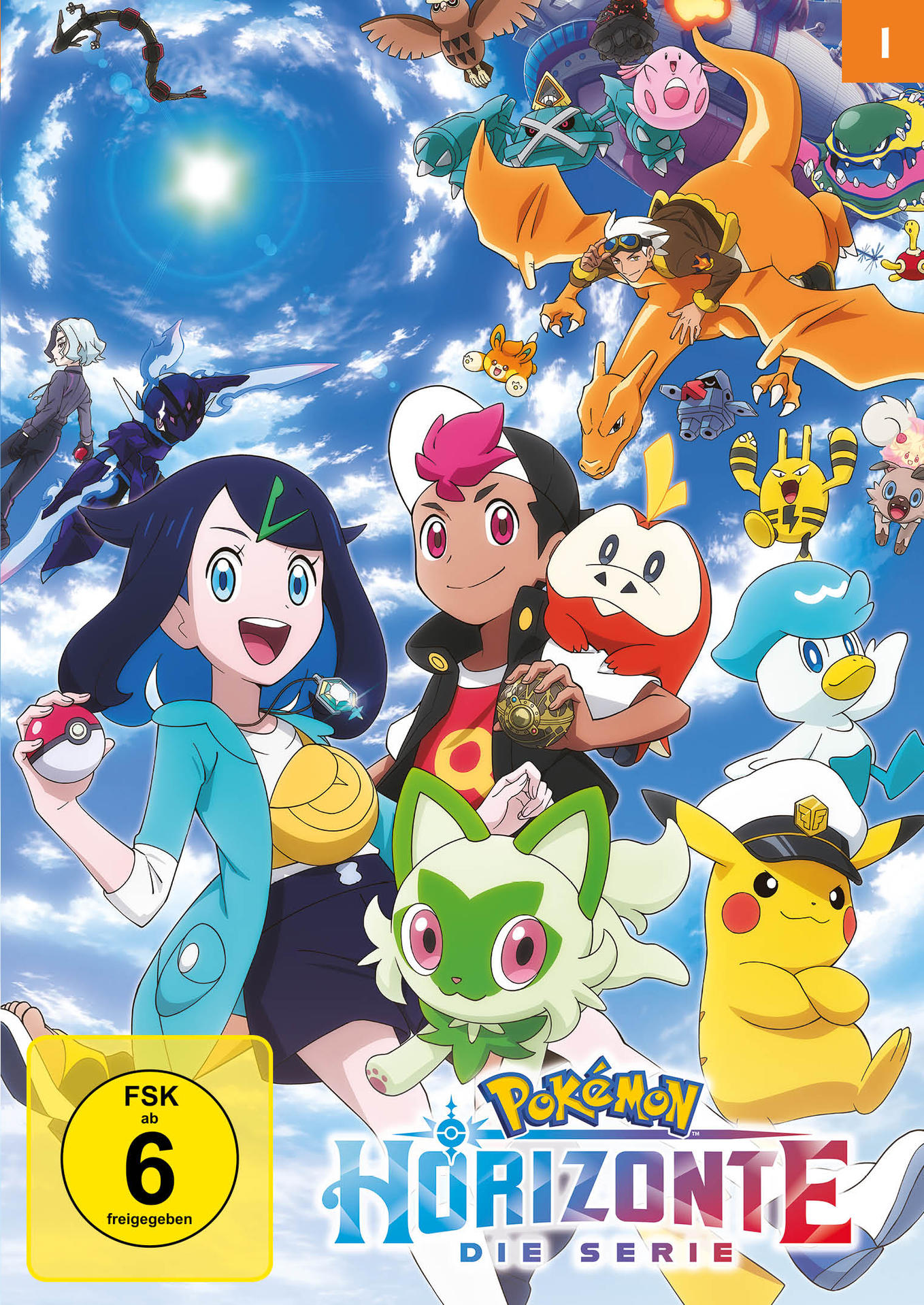 Pokémon-Charaktere und Kreaturen vor blauem Himmel mit Wolken.