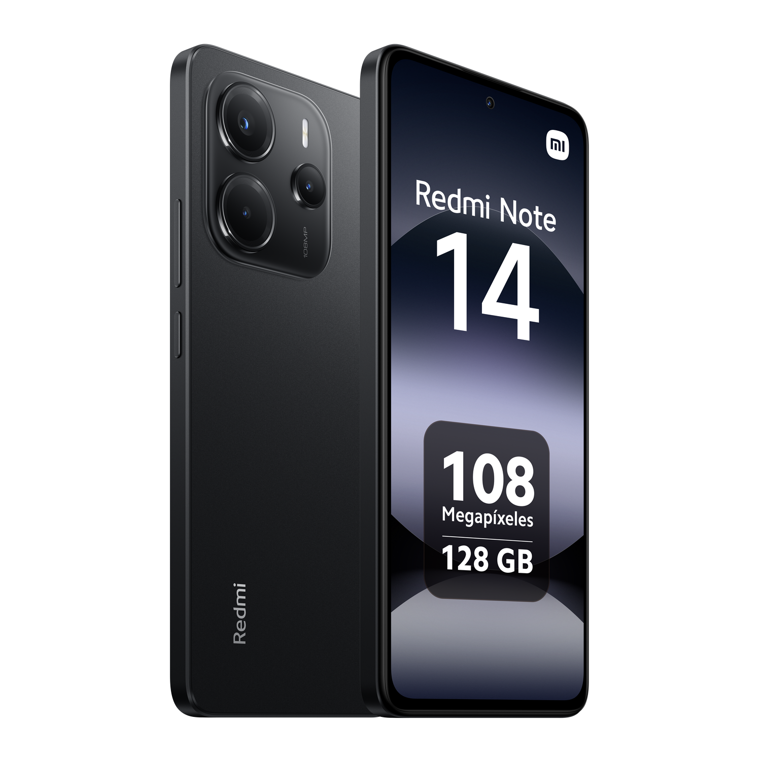 Teléfono negro Redmi Note 14. Muestra texto sobre megapíxeles y almacenamiento.