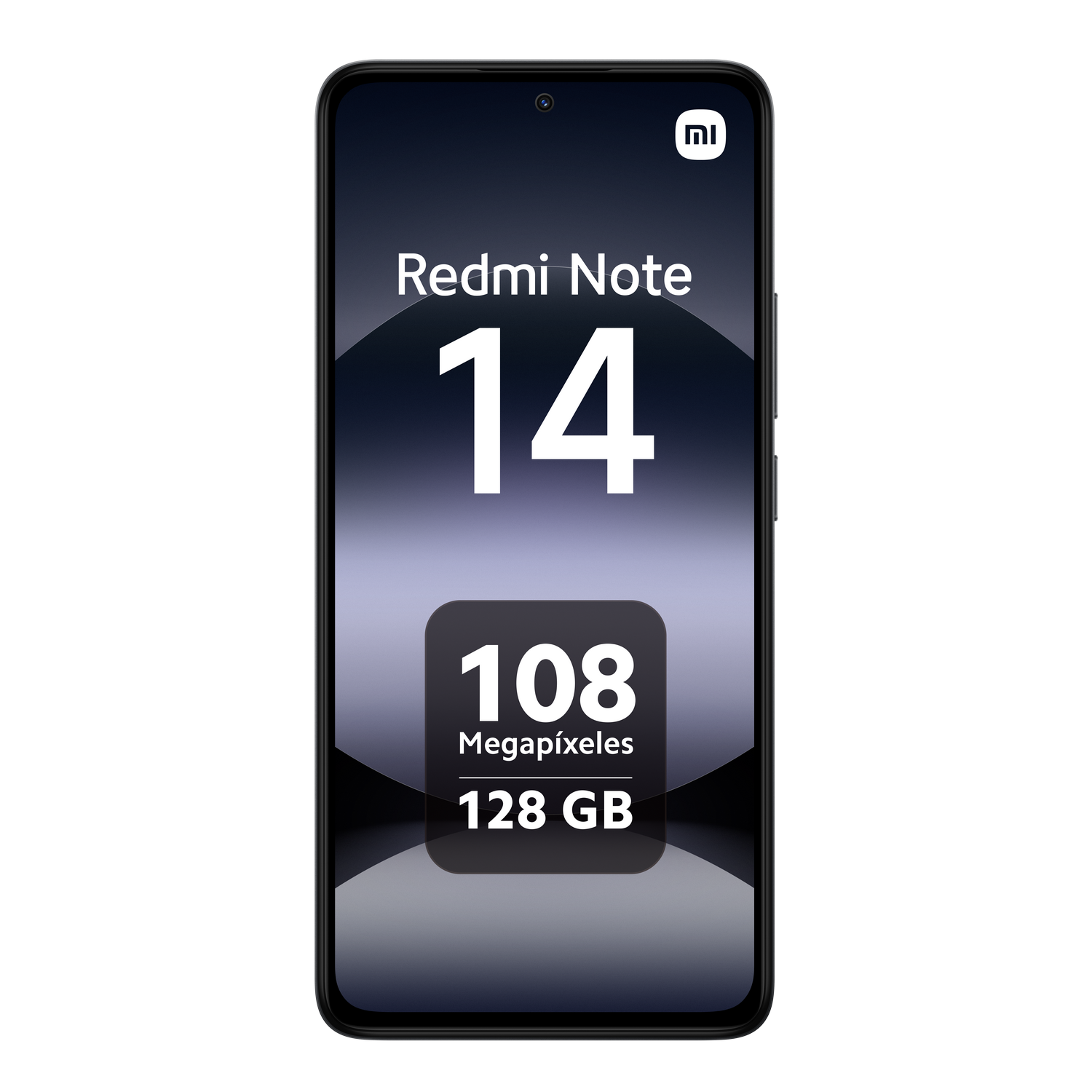 Smartphone negro con texto: Redmi Note 14, 108 megapíxeles, 128 GB.