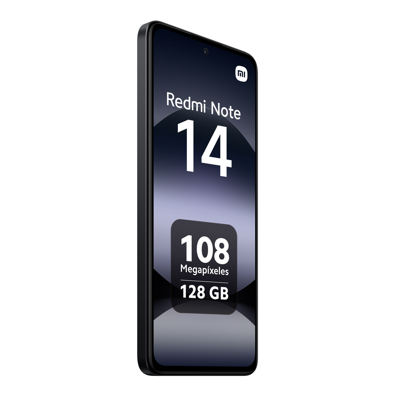 Teléfono negro Redmi Note 14. Pantalla muestra nombre del modelo, 108 megapíxeles, 128 GB.