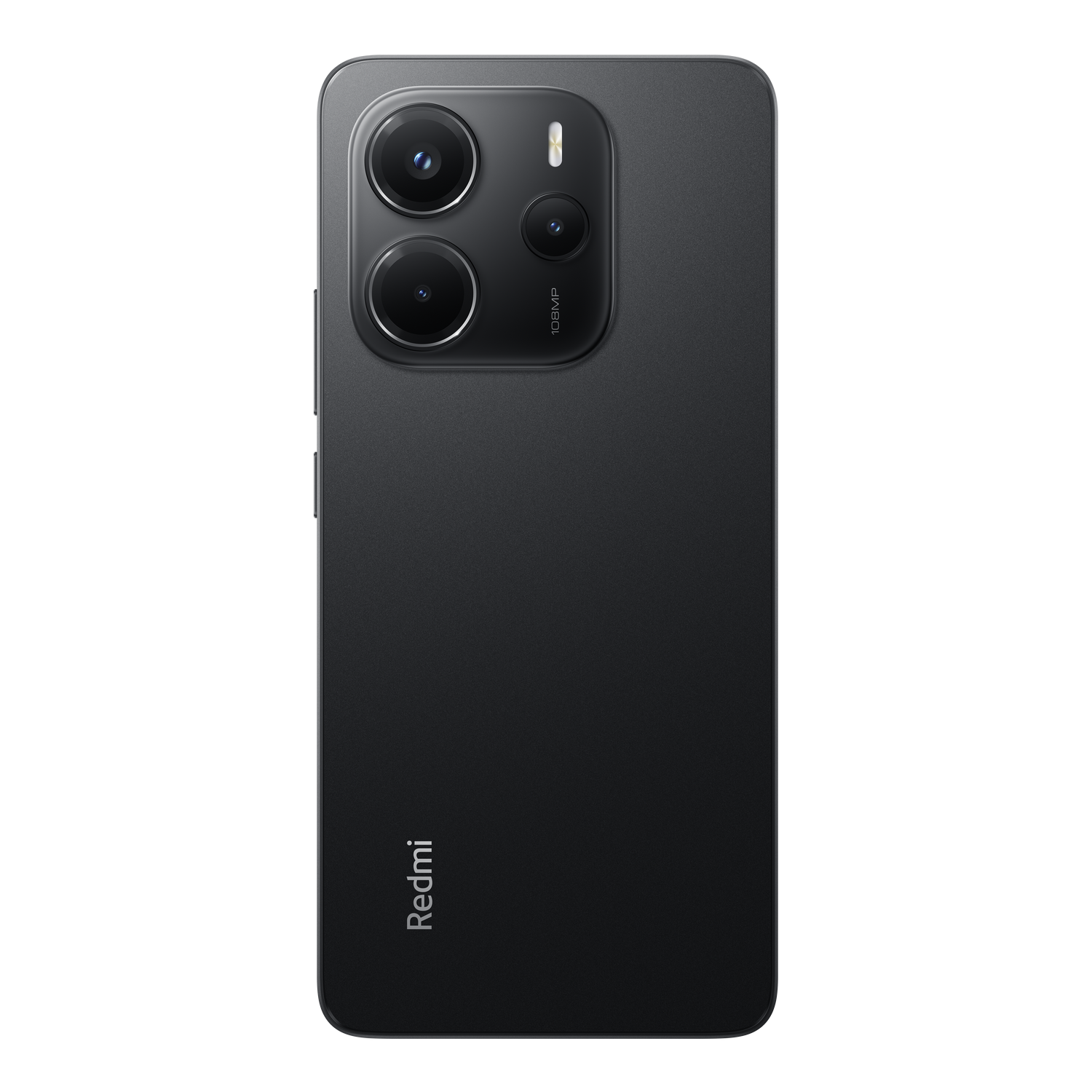 Parte trasera de un smartphone negro. Configuración de triple cámara, logo Redmi abajo.