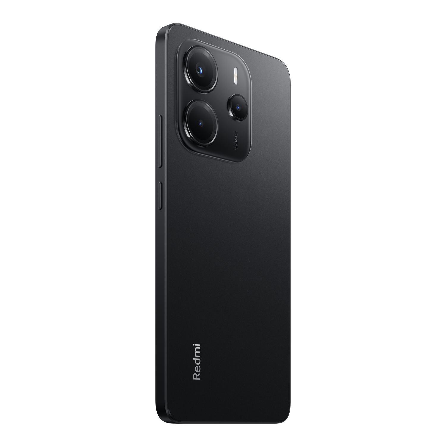Smartphone negro con triple cámara, vista trasera, logo Redmi.