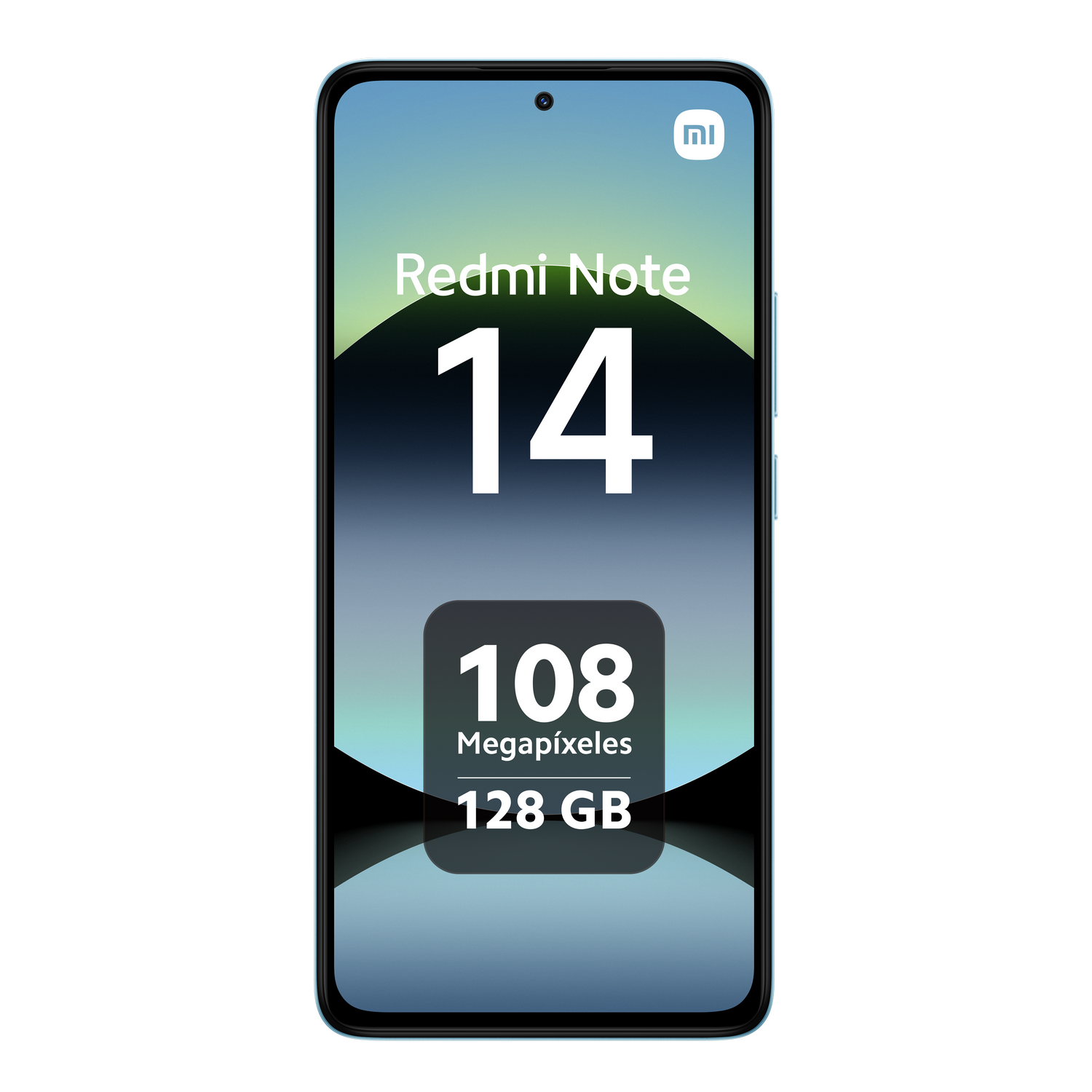 Pantalla de smartphone mostrando Redmi Note 14, 108 Megapíxeles y 128 GB.