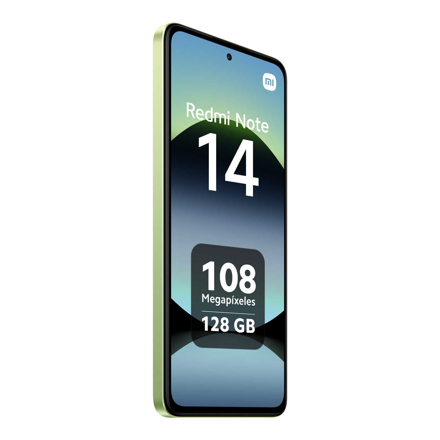 Un teléfono verde Redmi Note 14 con su pantalla mostrando información.
