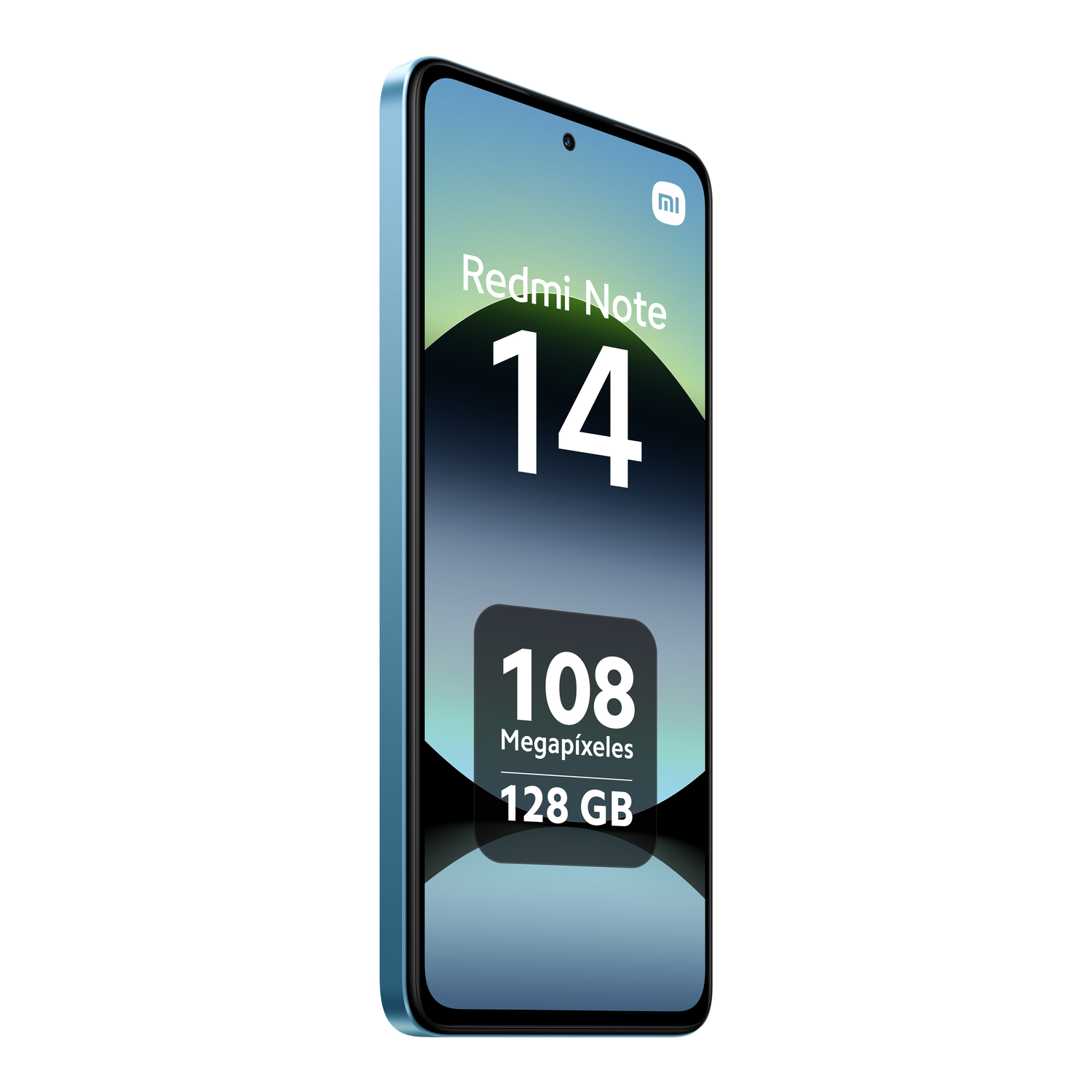Teléfono azul con pantalla que muestra "Redmi Note 14", "108 Megapíxeles" y "128 GB".
