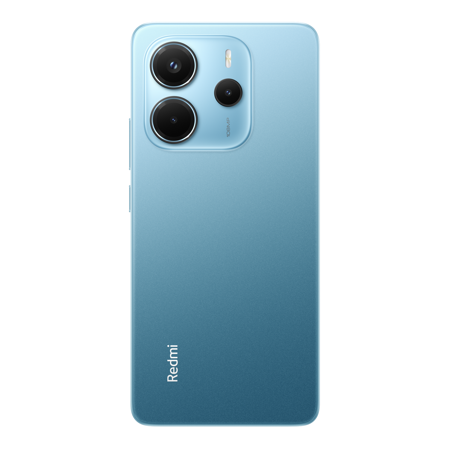 Teléfono Redmi azul, vista trasera. Tres cámaras con flash. Logotipo 'Redmi' abajo.