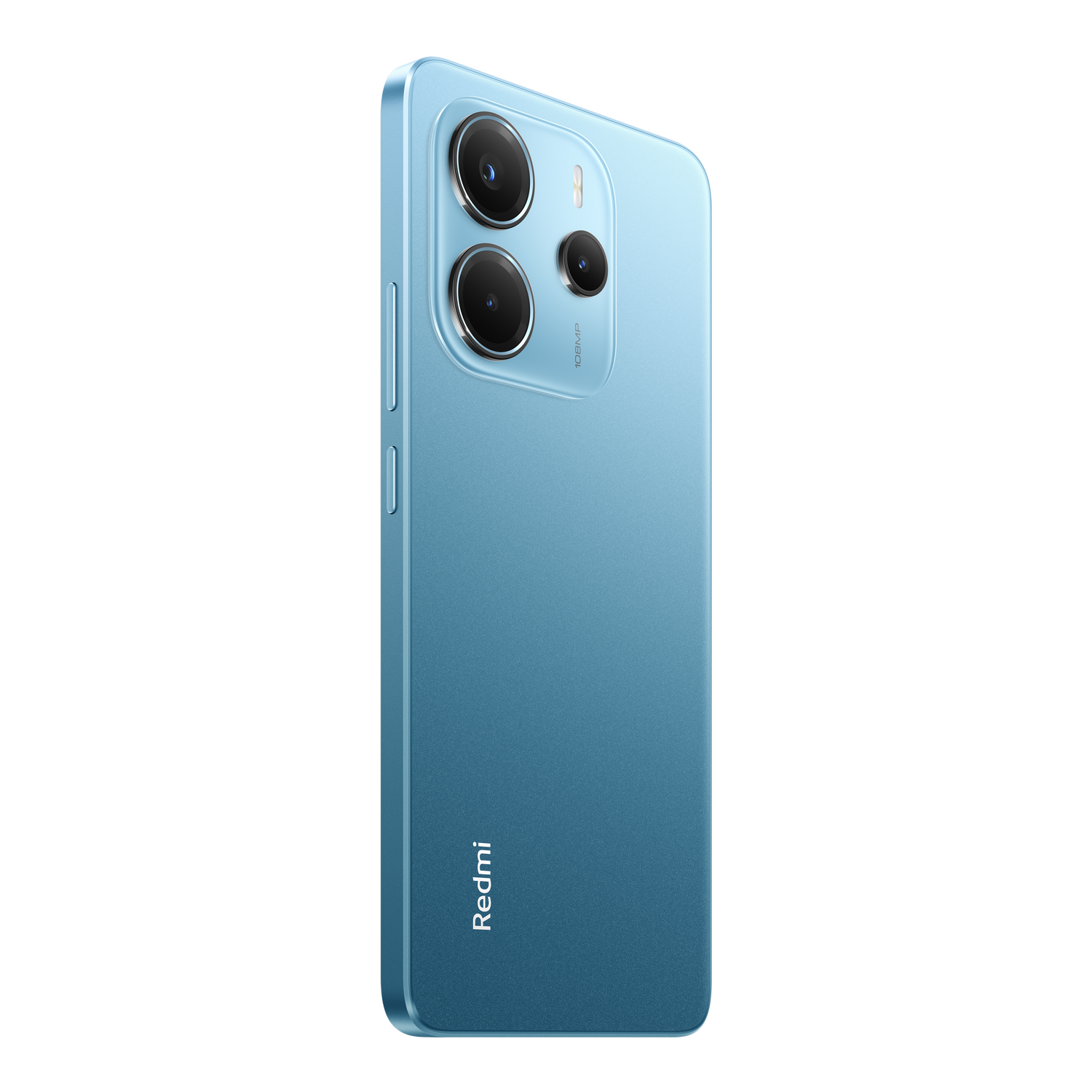 Un teléfono Redmi azul claro con tres cámaras traseras sobre fondo negro.