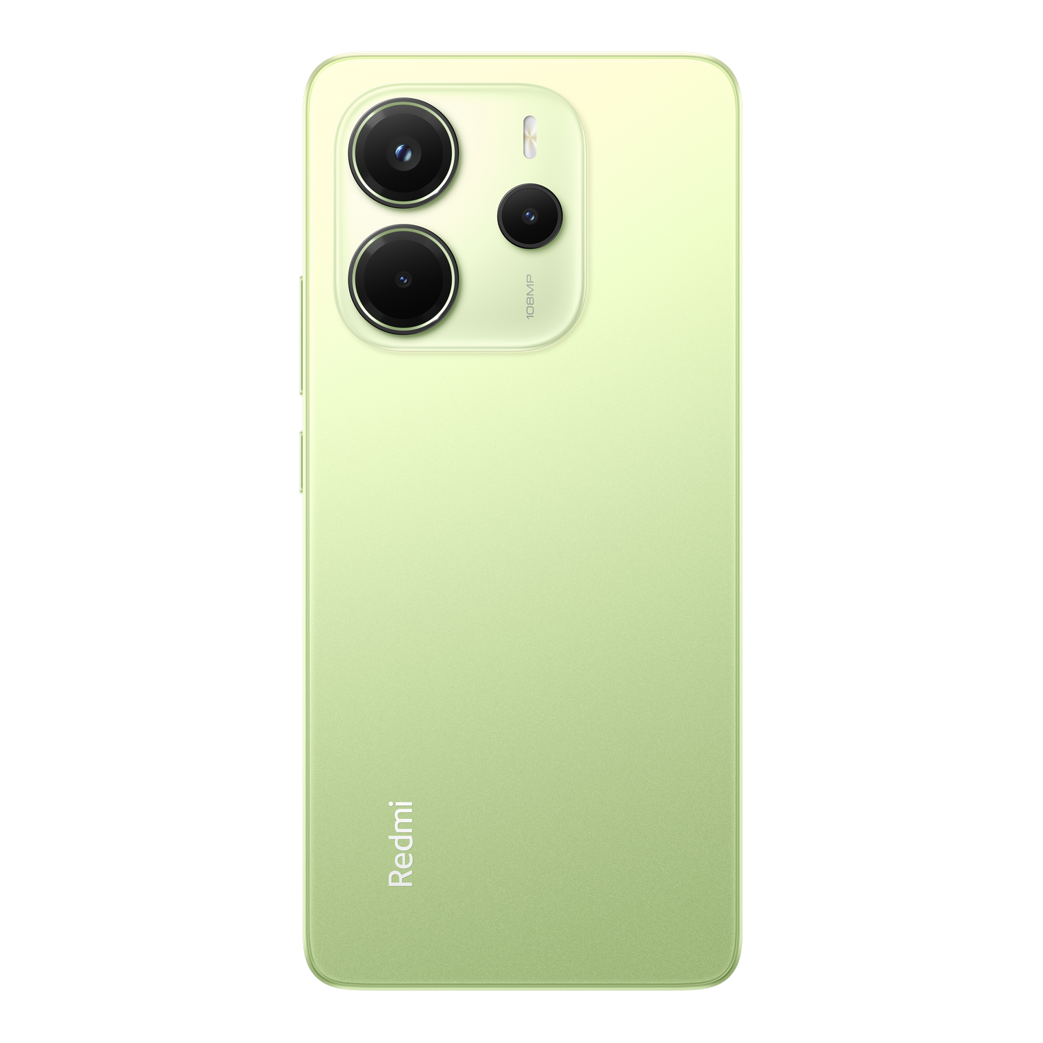 Parte trasera de teléfono verde, tres lentes de cámara y logo Redmi.