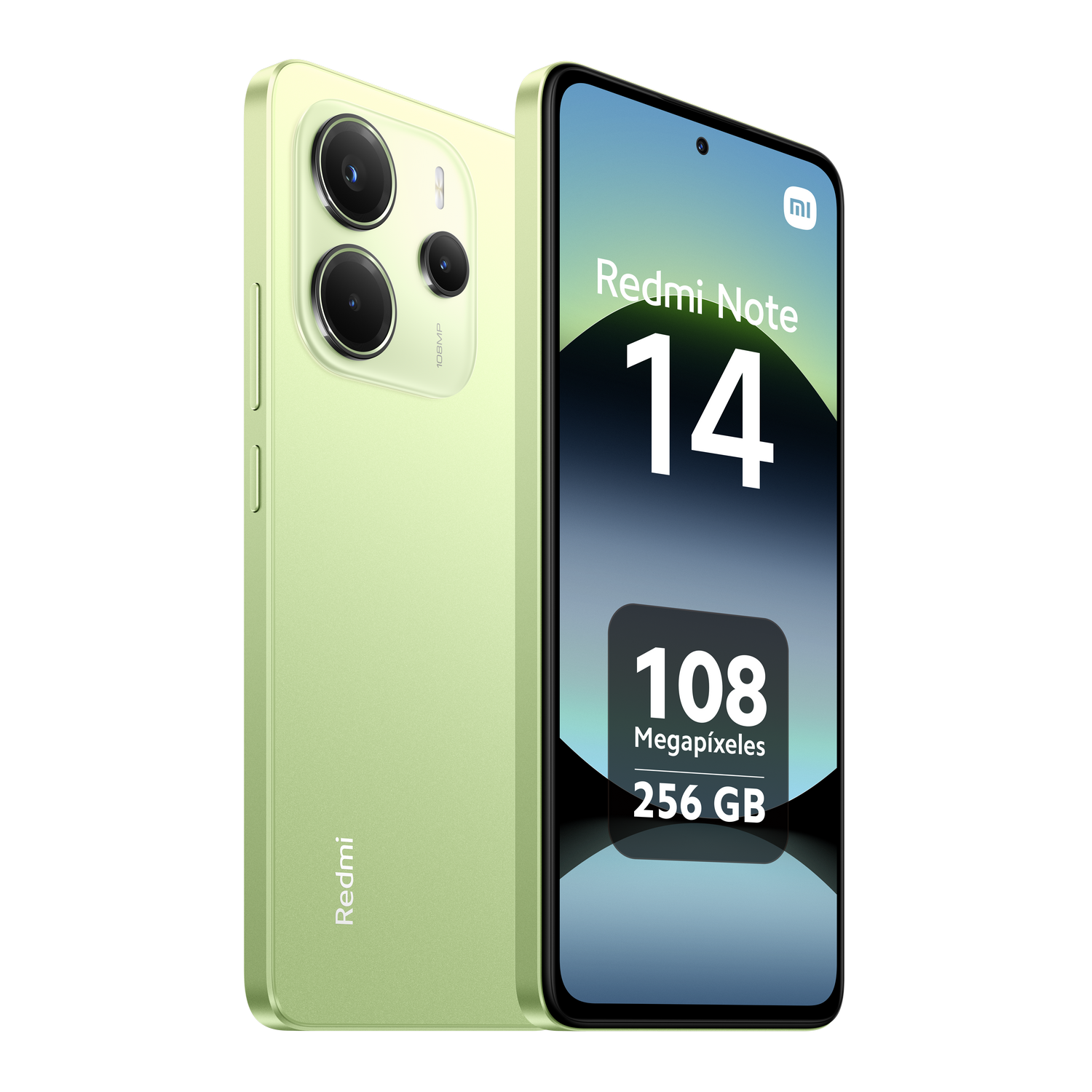 Teléfono verde Redmi Note 14, dos cámaras y una pantalla con info del teléfono.